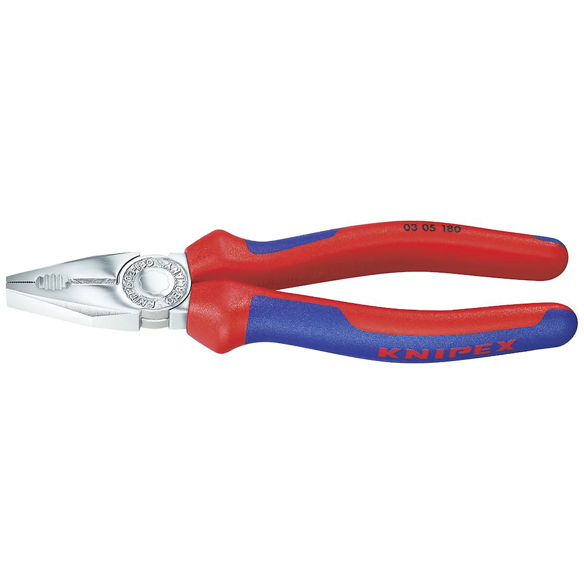 Knipex pliers, red and blue handles, silver jaws. Inscription: "KNIPEX".