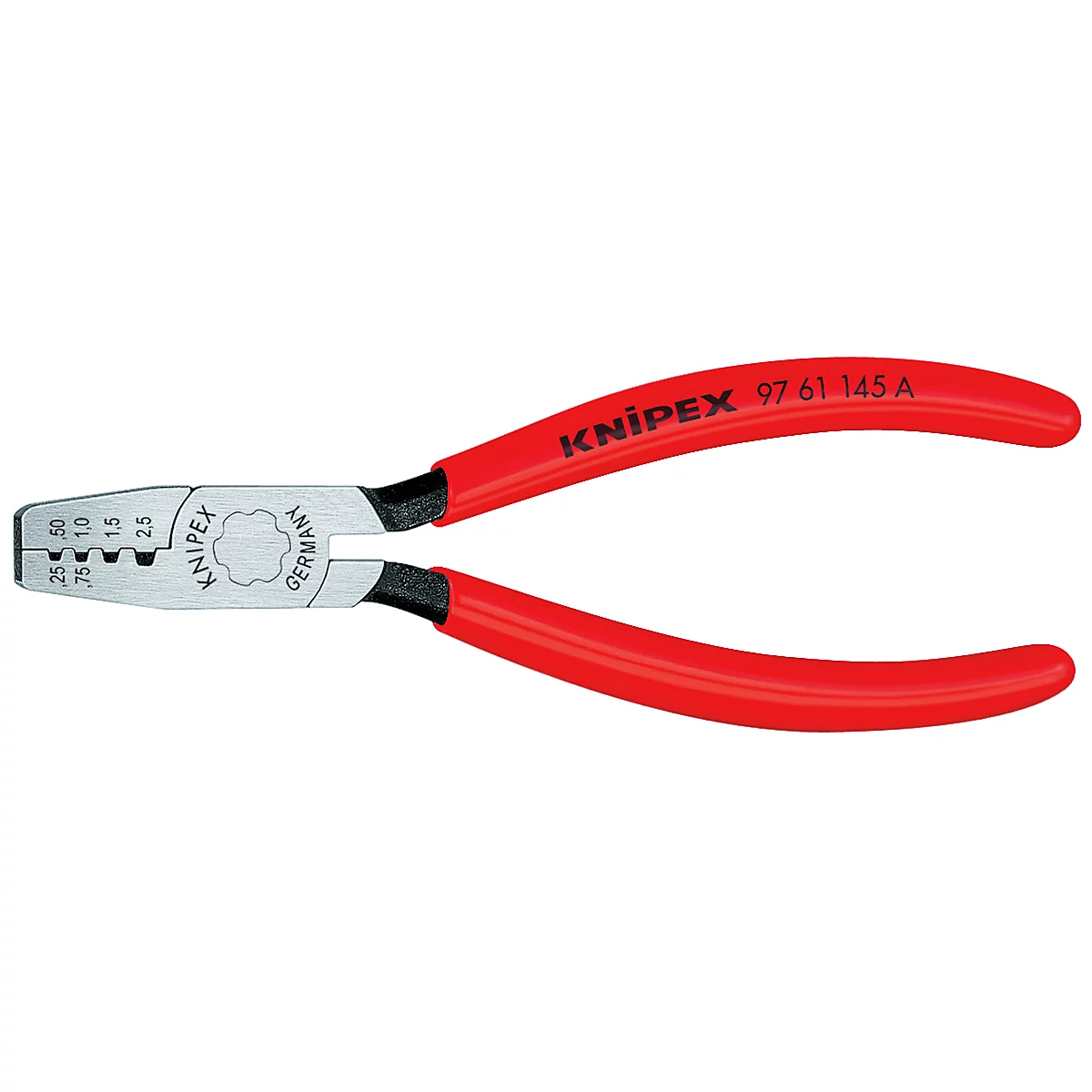 A Knipex wire stripper, open, with red handles, the Knipex name is visible.