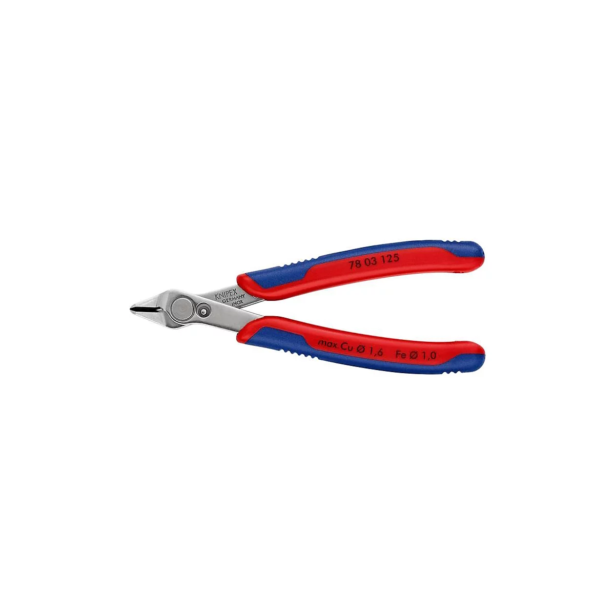 Knipex zijsnijtang, rood-blauw, met het opschrift '78 03 125'.