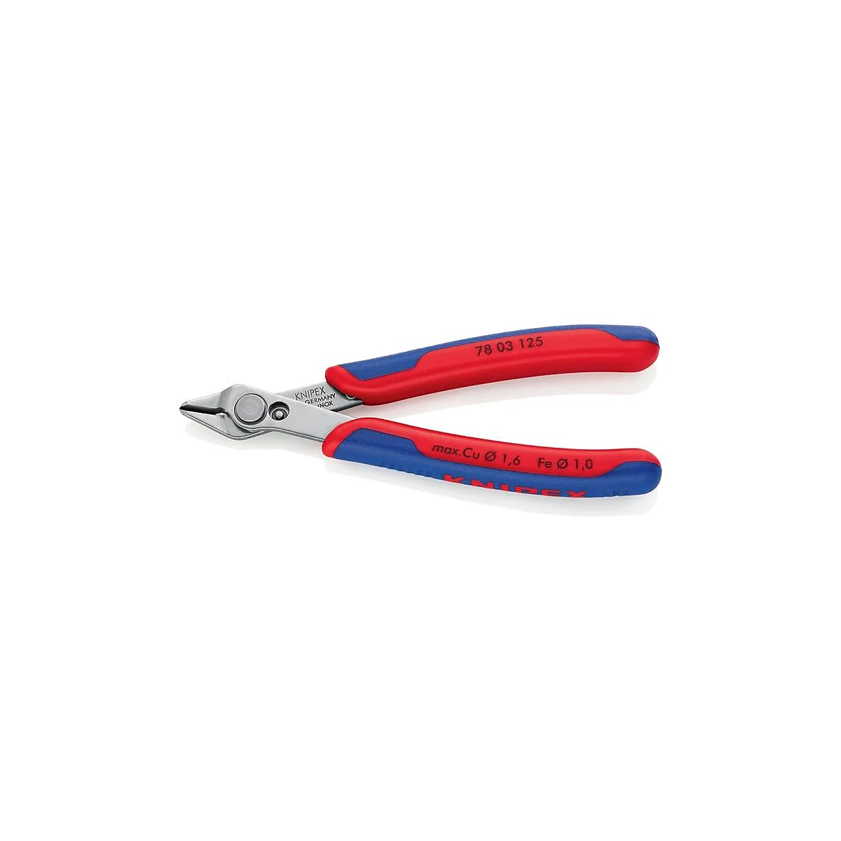 Knipex zijsnijder met rood-blauwe handgrepen, open. Details: aanduiding, max. Cu, Fe.