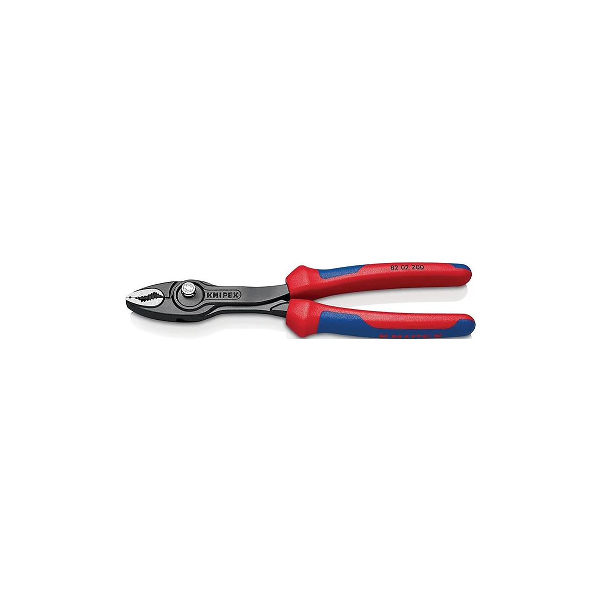 Knipex Zangenschlüssel mit roten und blauen Griffen, Modellnummer 82 02 200.