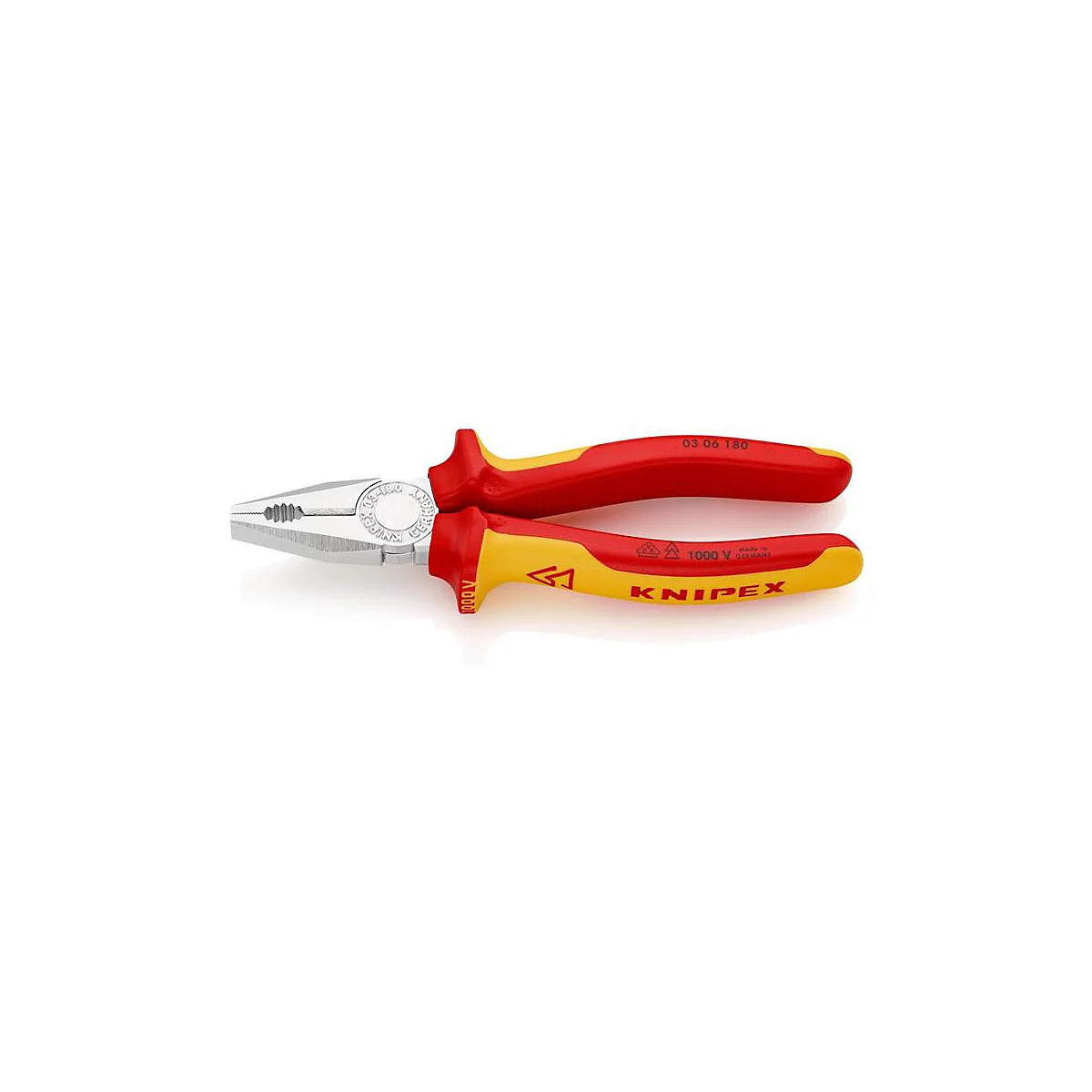 KNIPEX Kombizange 180 mm, VDE-isoliert bis 1000V, verchromt, Mehrkomponenten-Griff, Spezial-Werkzeugstahl