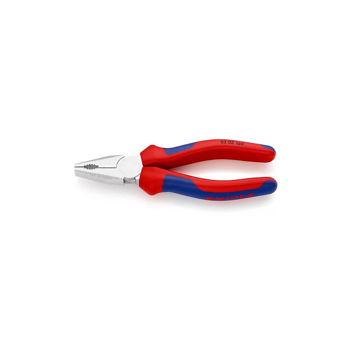 Pince Knipex avec des poignées rouges et bleues sur fond blanc, texte : 03 05 160.