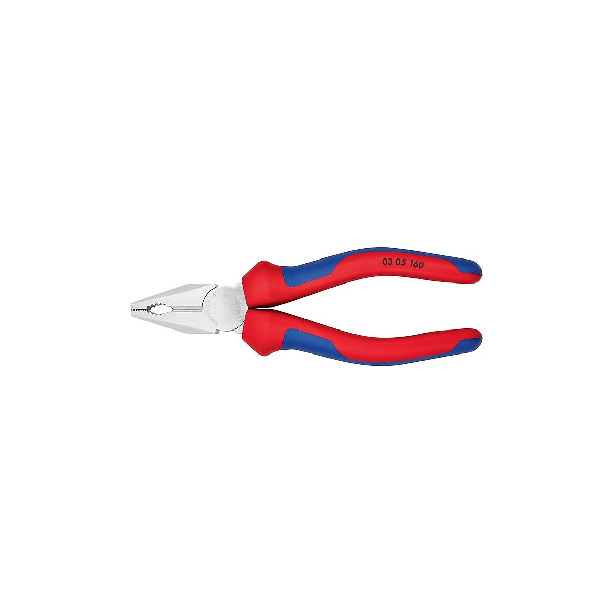 Pince Knipex, pointes de la pince, poignées rouges et bleues. Le texte "03 05 160" est imprimé sur une poignée.