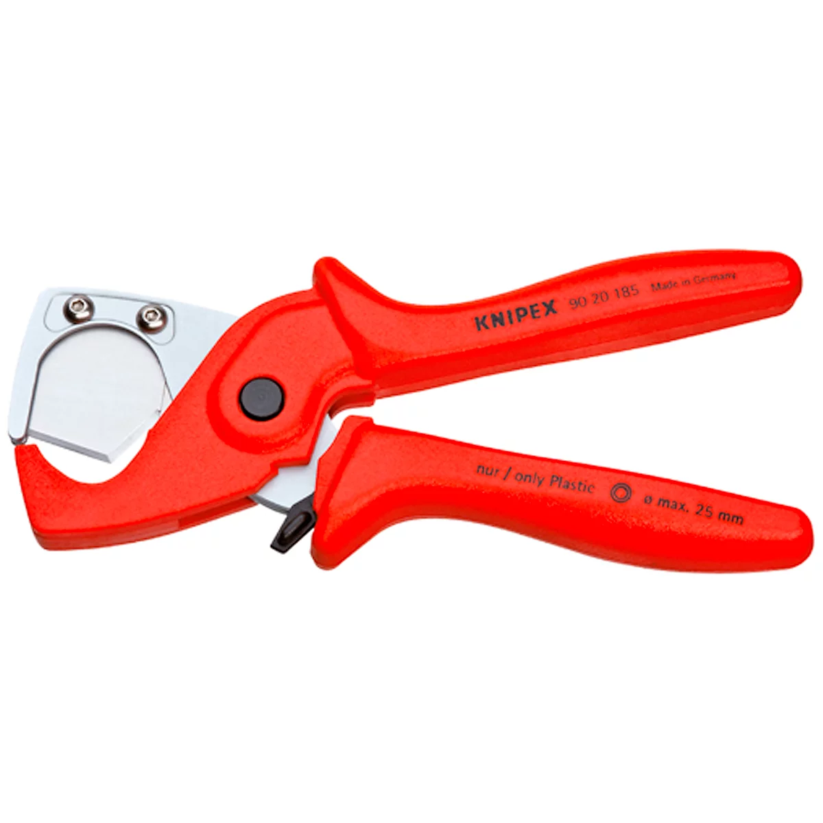 Red pipe cutter by Knipex with a silver blade. Text: only Plastic Ø max. 25 mm.