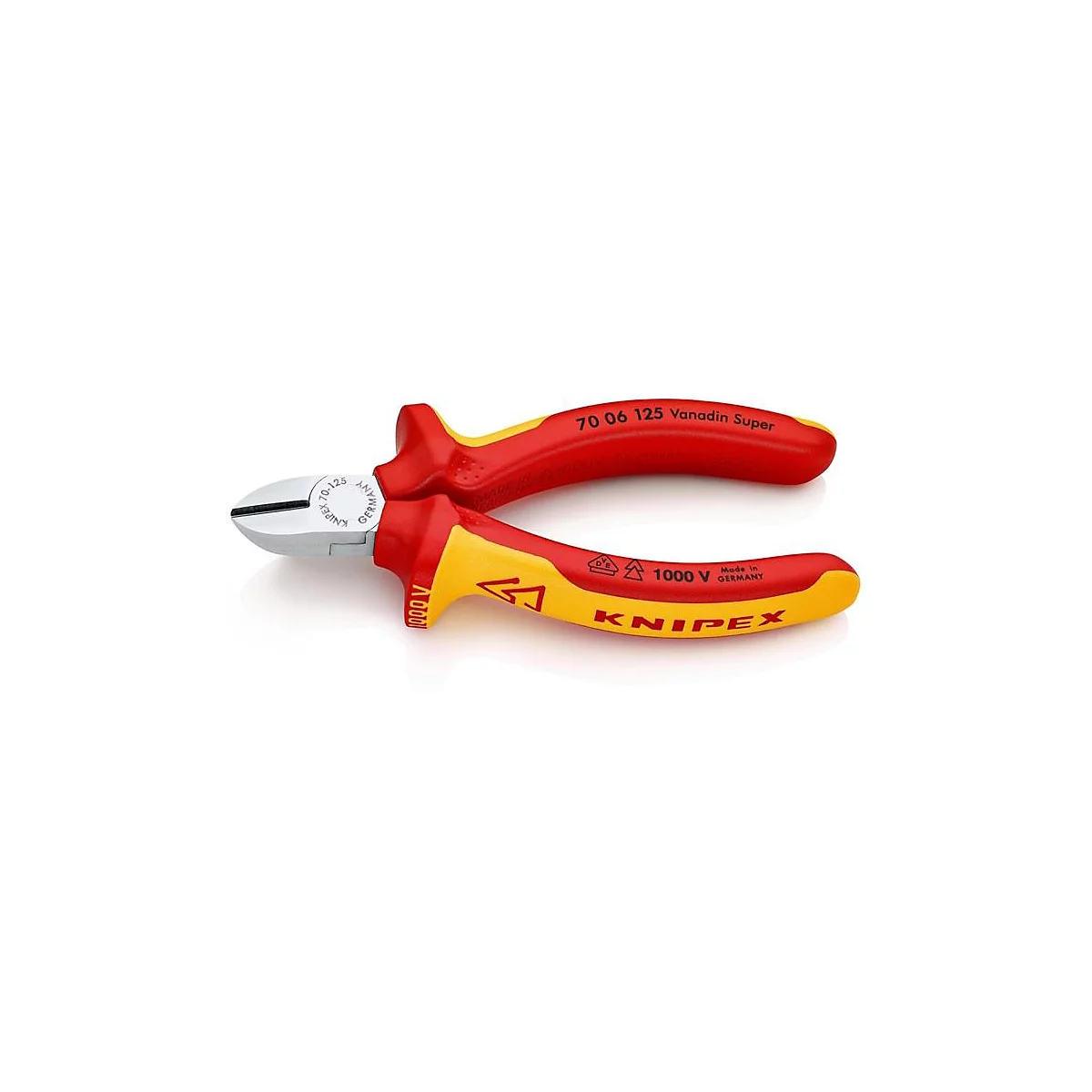 Eine rote und gelbe Knipex-Zange auf weißem Grund. Auf der Zange steht die Aufschrift "KNIPEX" und "1000 V".
