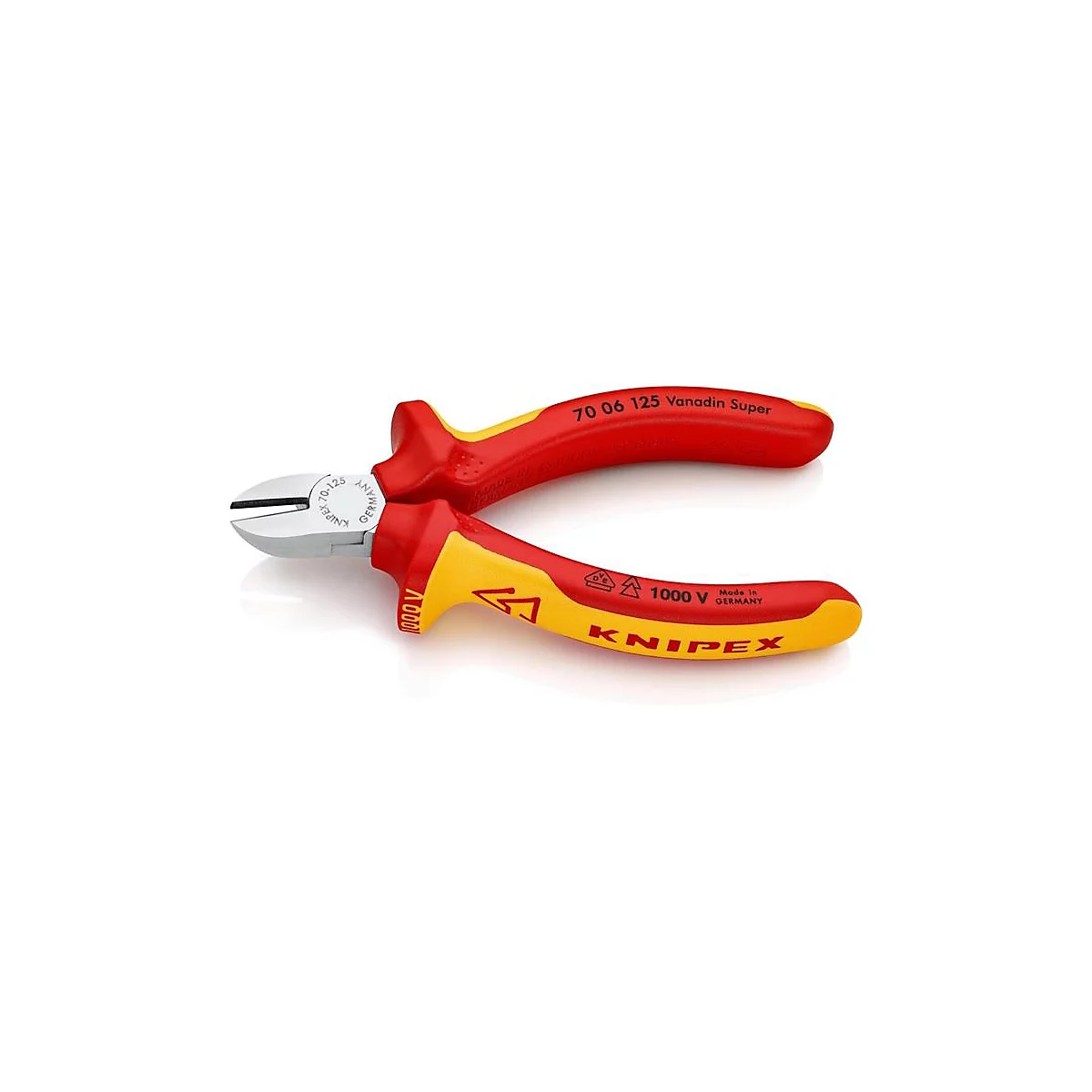 Rote und gelbe Seitenschneider auf weißem Untergrund. Aufschrift: KNIPEX, 1000V, Made in Germany.
