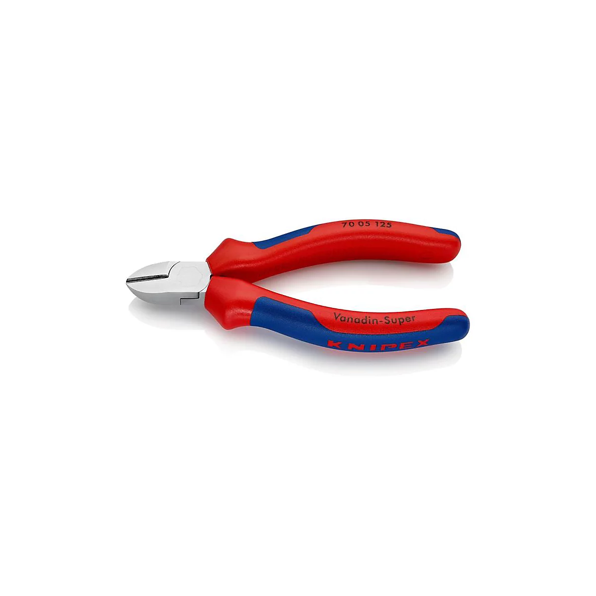 Knipex-Seitenschneider mit rot-blauen Griffen, silbernen Schneidflächen. Oben: "70 05 125". Unten: "Vanadin-Super" und "KNIPEX".