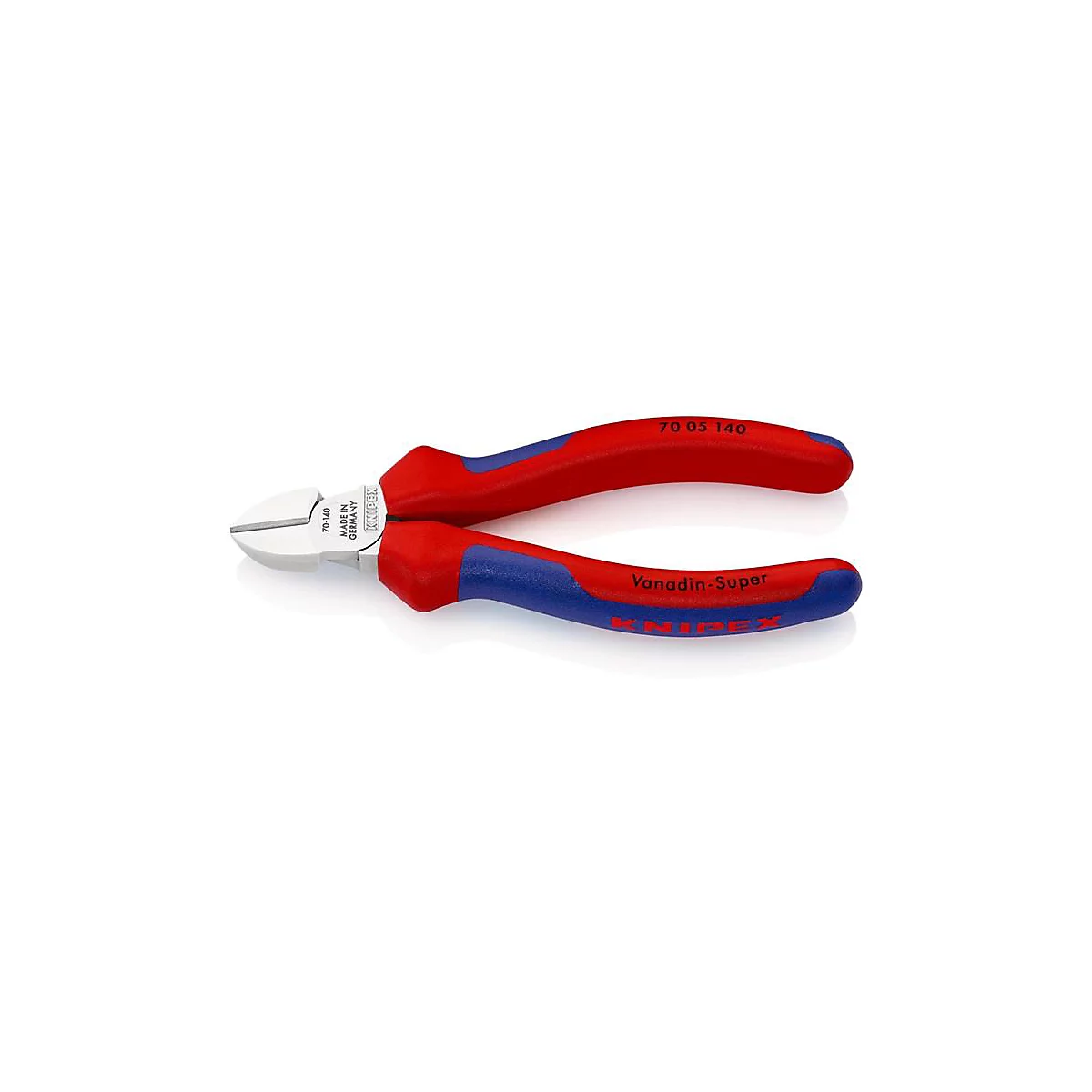 Rote und blaue Seitenschneider auf weißem Hintergrund. Auf dem Griff steht "KNIPEX Vanadin-Super".
