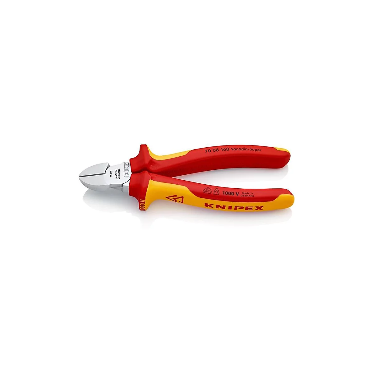 Rot-gelbe Seitenschneider mit silbernen Schneidflächen. Aufschrift: KNIPEX, Made in Germany, 1000 V.