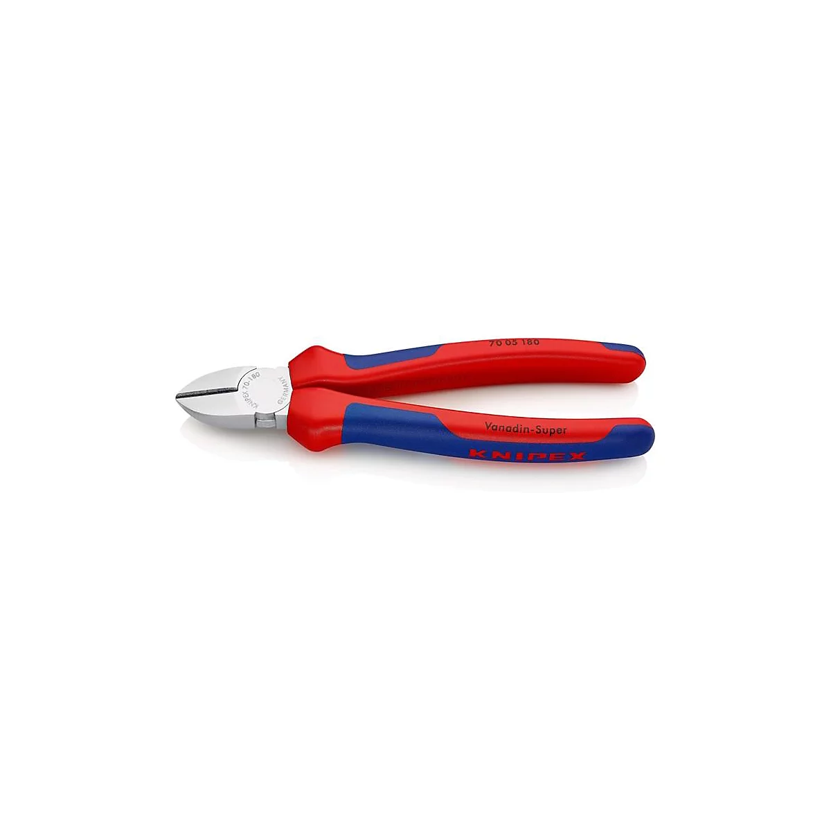 Rote und blaue Knipex-Seitenschneider auf weißem Hintergrund.
