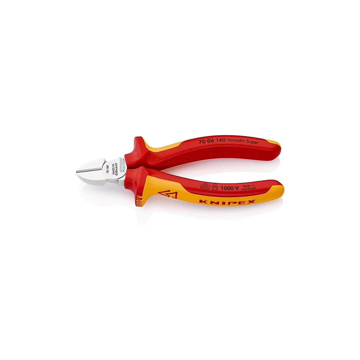 Rote und gelbe Seitenschneider von Knipex. Aufschrift: 1000 V. Detailaufnahme.