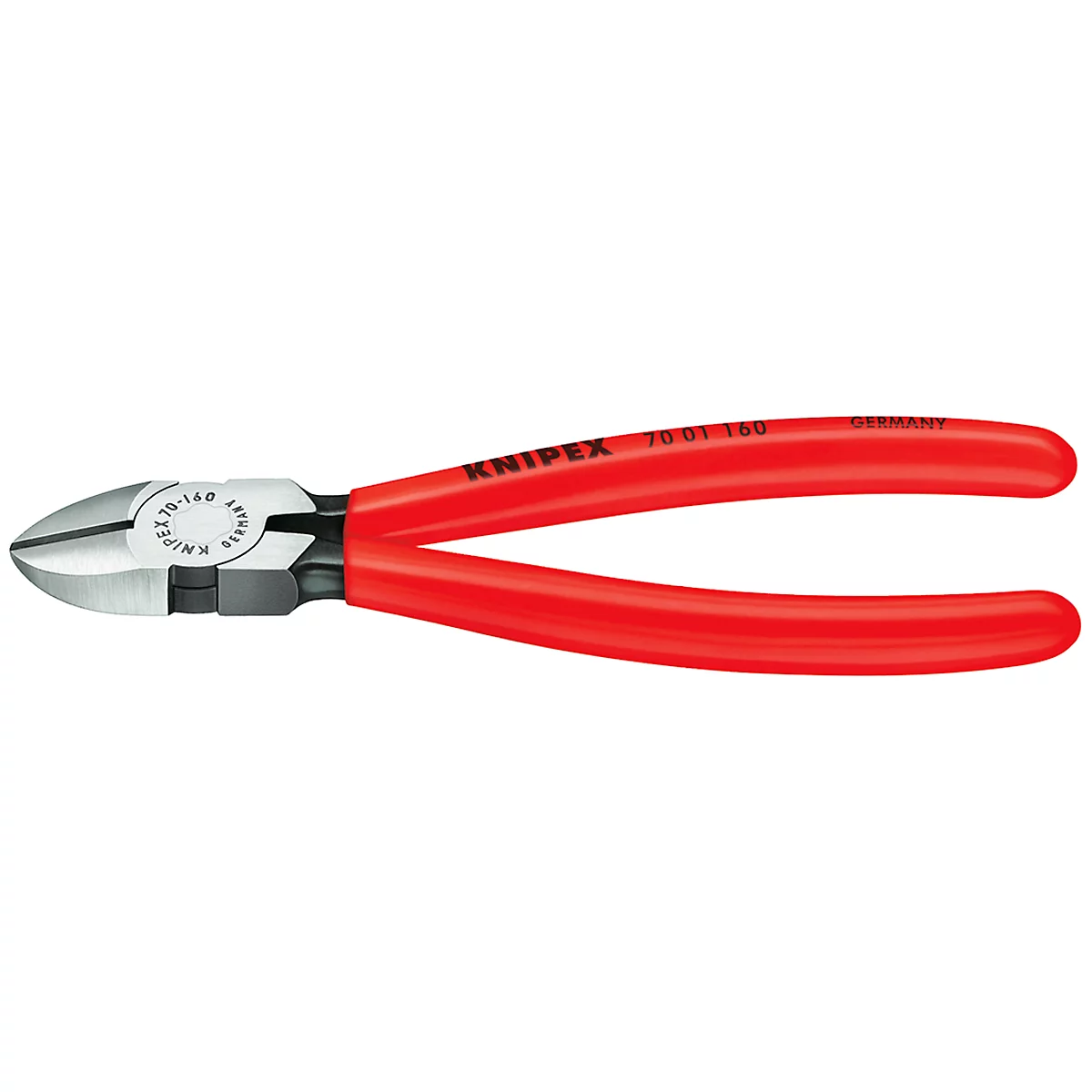 Red side cutting pliers from Knipex, with silver cutting surfaces. The name "KNIPEX" can be seen on the handle.
