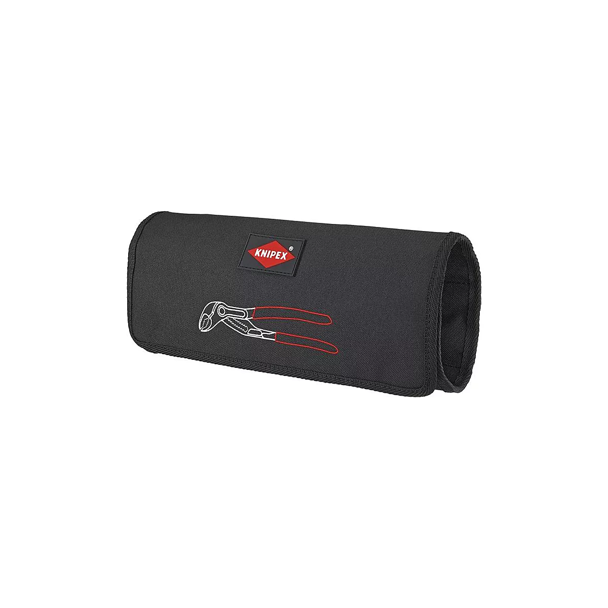 Zwarte gereedschapskist met rood KNIPEX-logo. Geborduurde tang met rode handgrepen.