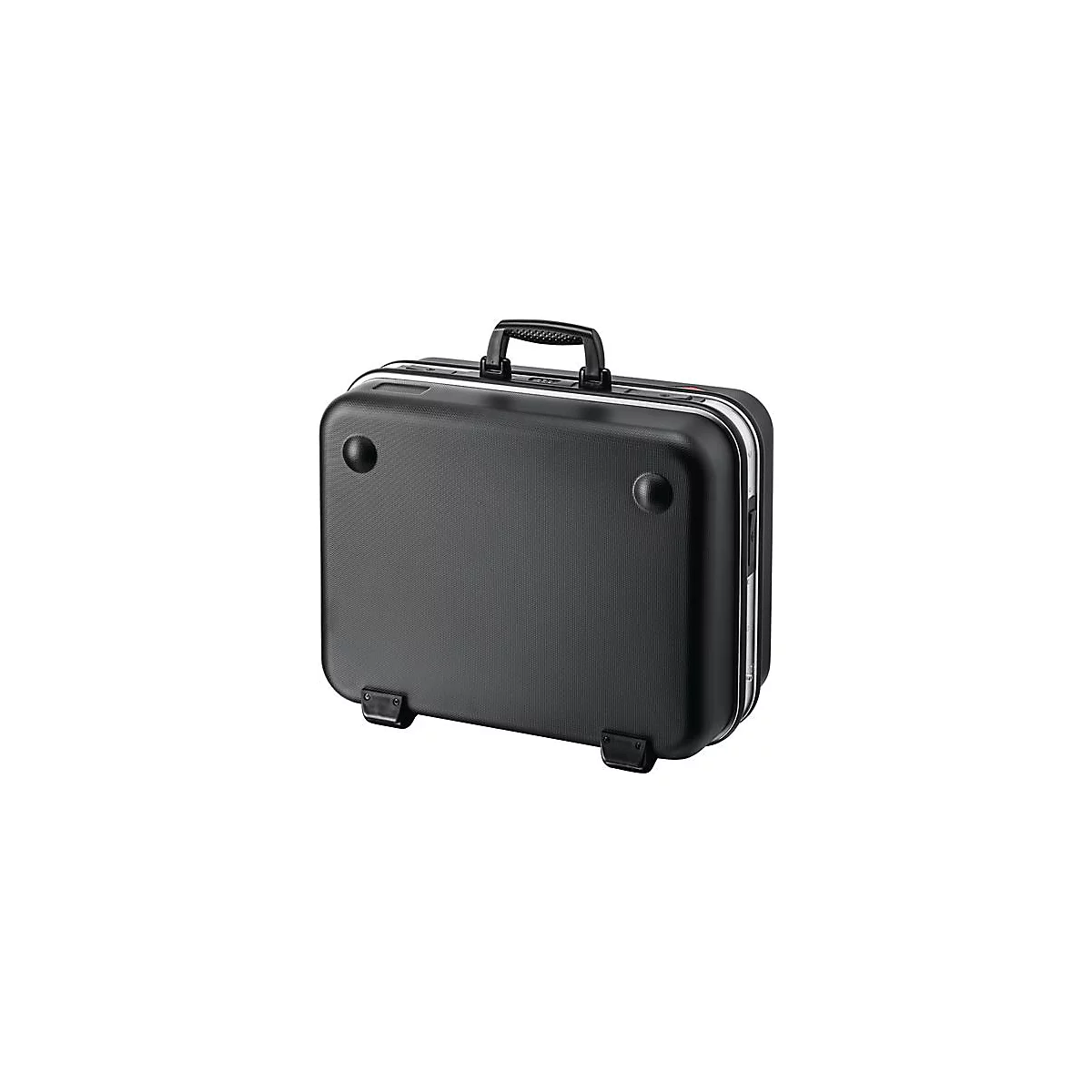 Black suitcase with handle and silver details. Small buttons on the surface and small feet on the bottom.