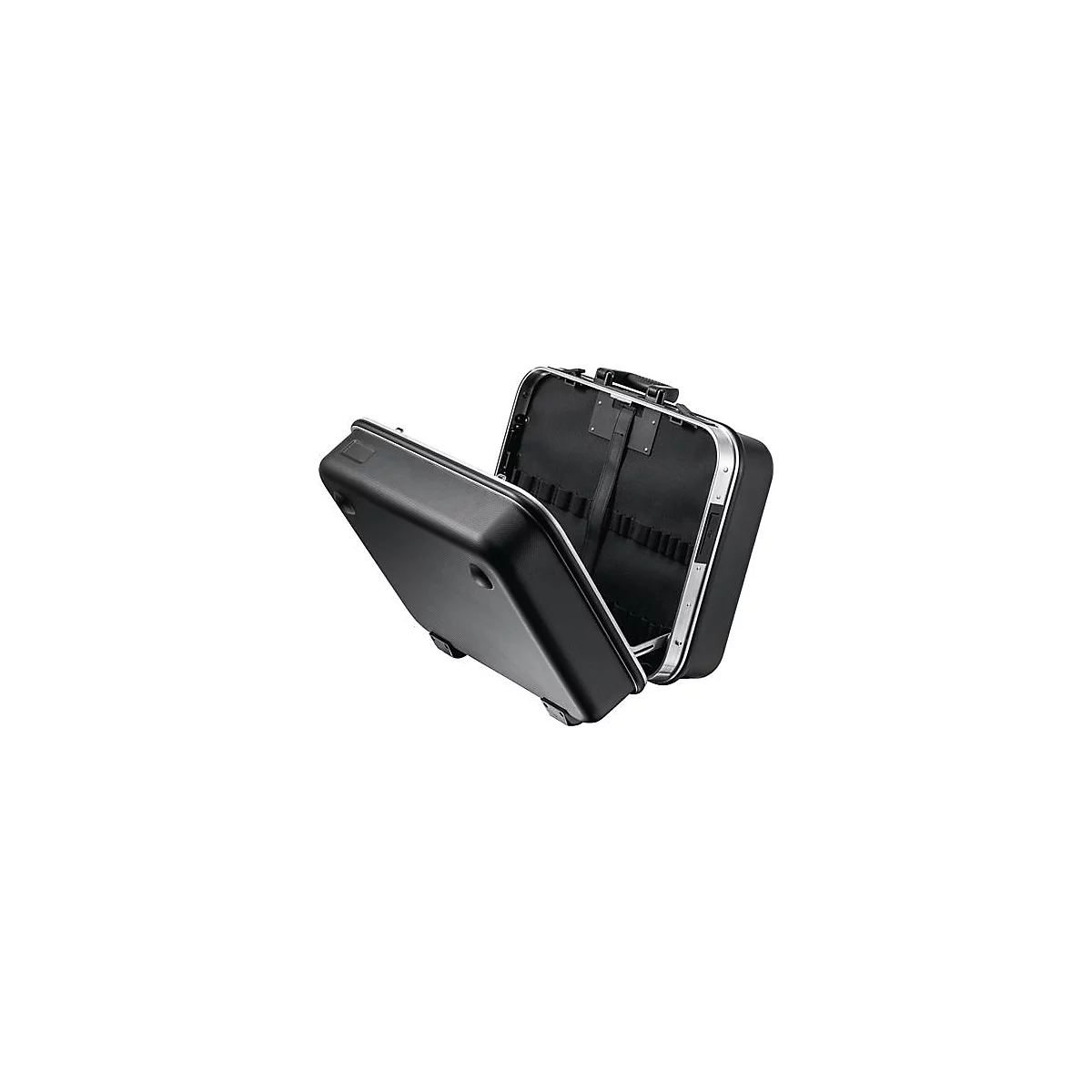 Black suitcase, partially open. Black interior, with holders. Silver-colored frame.