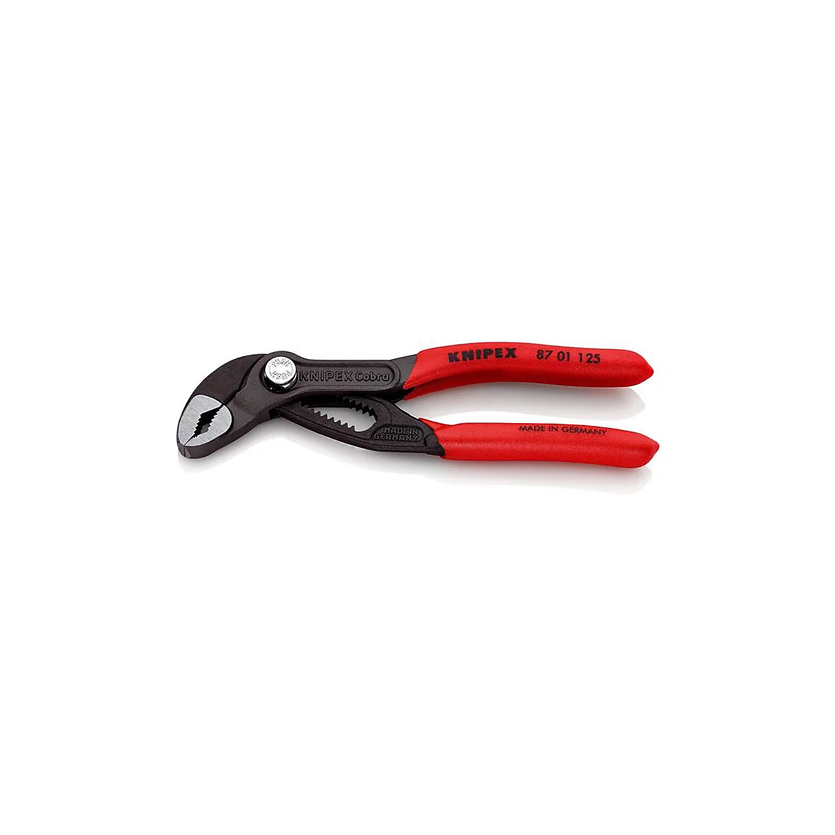 Eine Knipex Cobra Wasserpumpenzange. Schwarz und rot, mit Schriftzügen, detailgetreue Nahaufnahme.