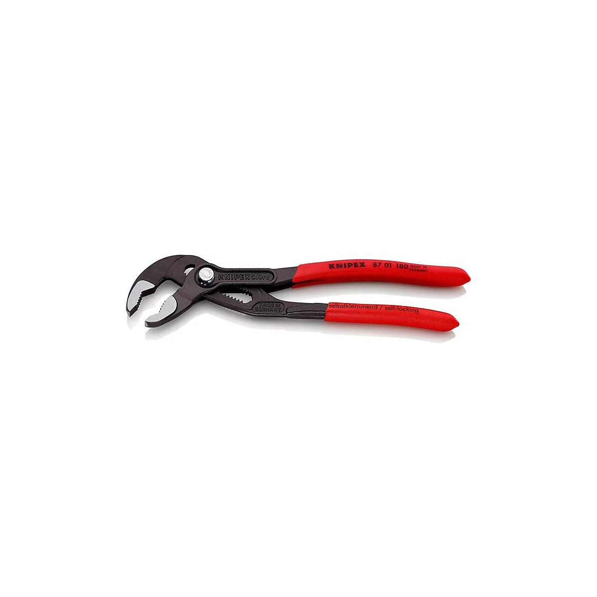 Zange mit roten Griffen. Auf dem Werkzeug steht "KNIPEX".