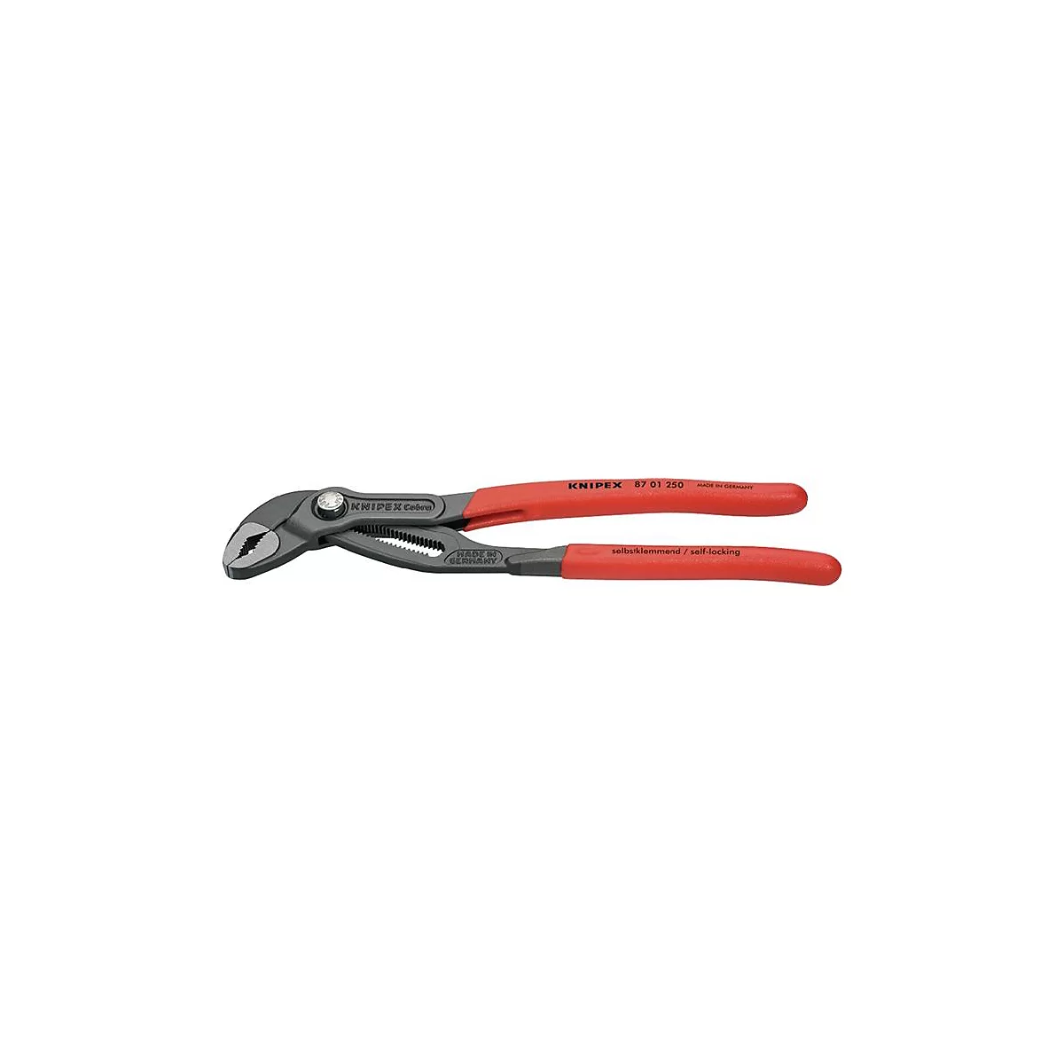 Eine Rohrzange der Marke Knipex, grau mit roten Griffen. Auf dem Werkzeug ist der Name Knipex und andere Informationen aufgedruckt.