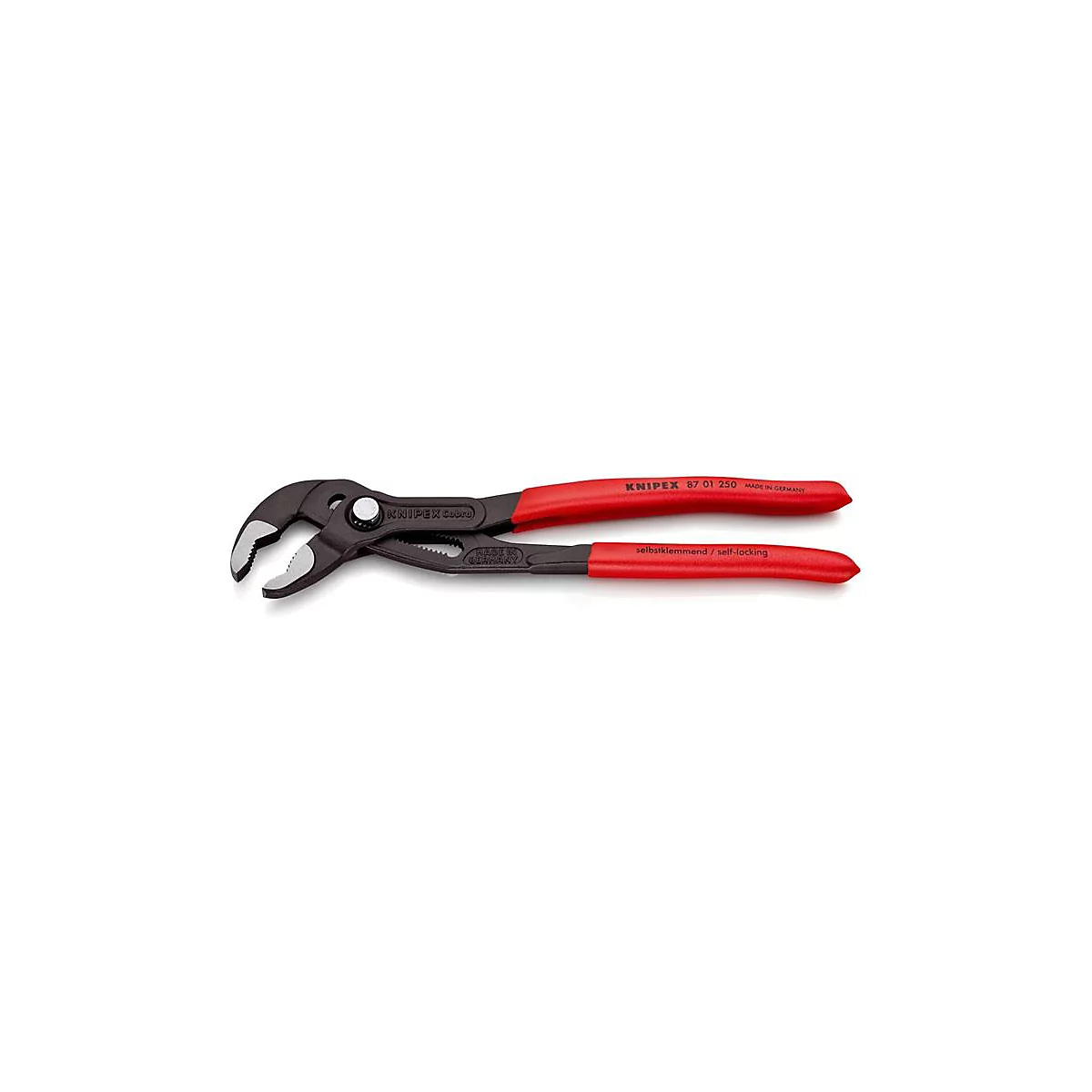 Eine Rohrzange mit rotem Griff. Auf der Zange steht 'KNIPEX 87 01 250'.