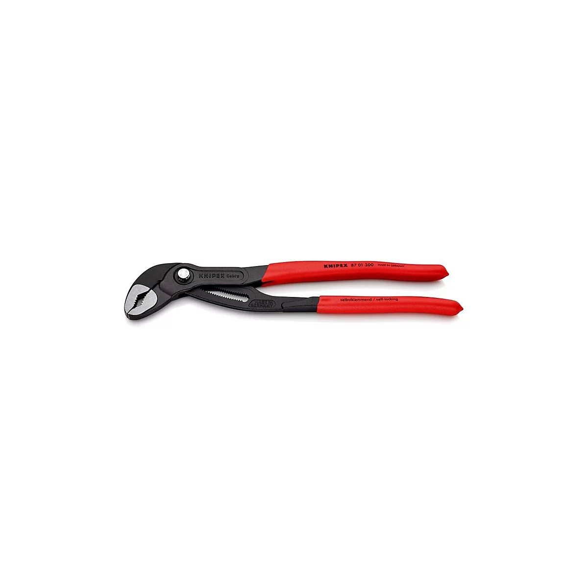 Knipex Wasserpumpenzange, schwarz mit roten Griffen. Die Zange liegt auf weißem Untergrund.