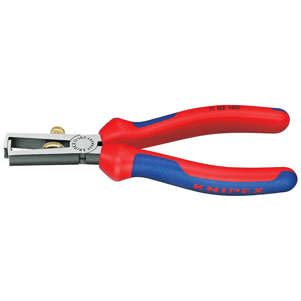 Stripping pliers with red and blue handles. The tool shows the lettering "KNIPEX" and technical details.