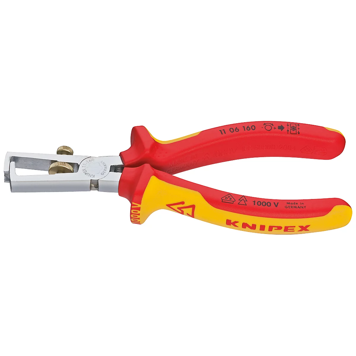 Wire stripper with red and yellow handles, silver cutting tools. Inscription: KNIPEX.