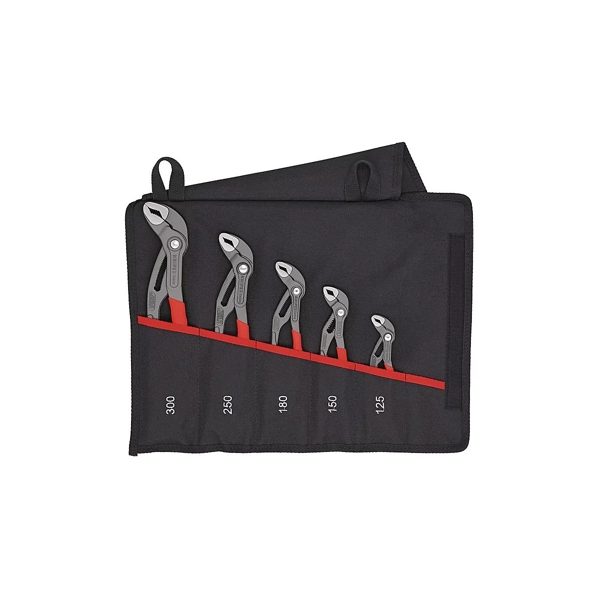 Sechs Zangen in einem schwarzen Werkzeugbeutel. Die Zangen sind in verschiedenen Größen, mit roten Griffen und weißen Schriftzügen versehen.