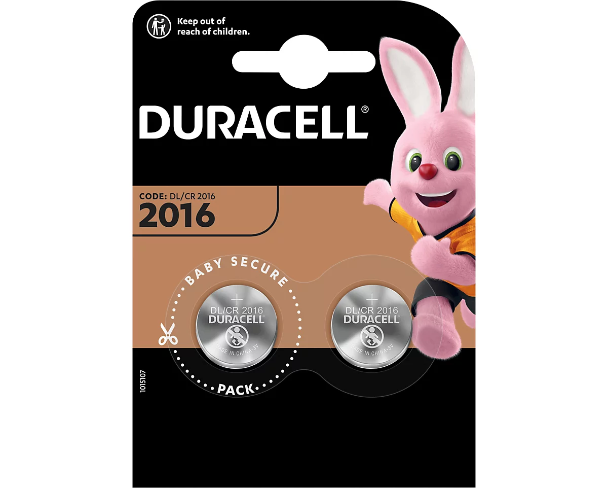 Knopfzellen Duracell CR2016, Lithium, 3 V, 75 mAh, Ø 20 x H 1,6 mm, 2 Stück
