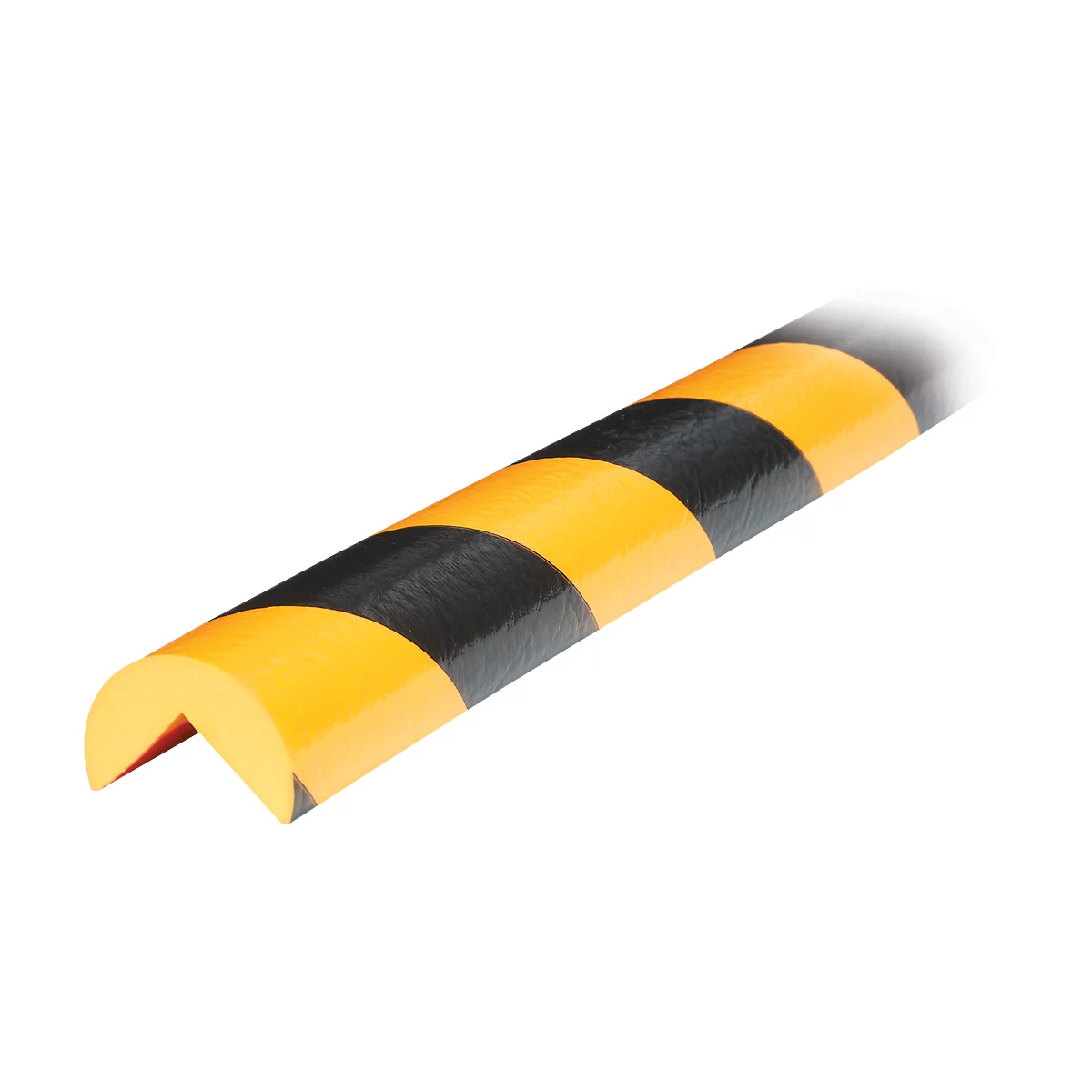 Yellow and black corner protector, formed as a semicircle.