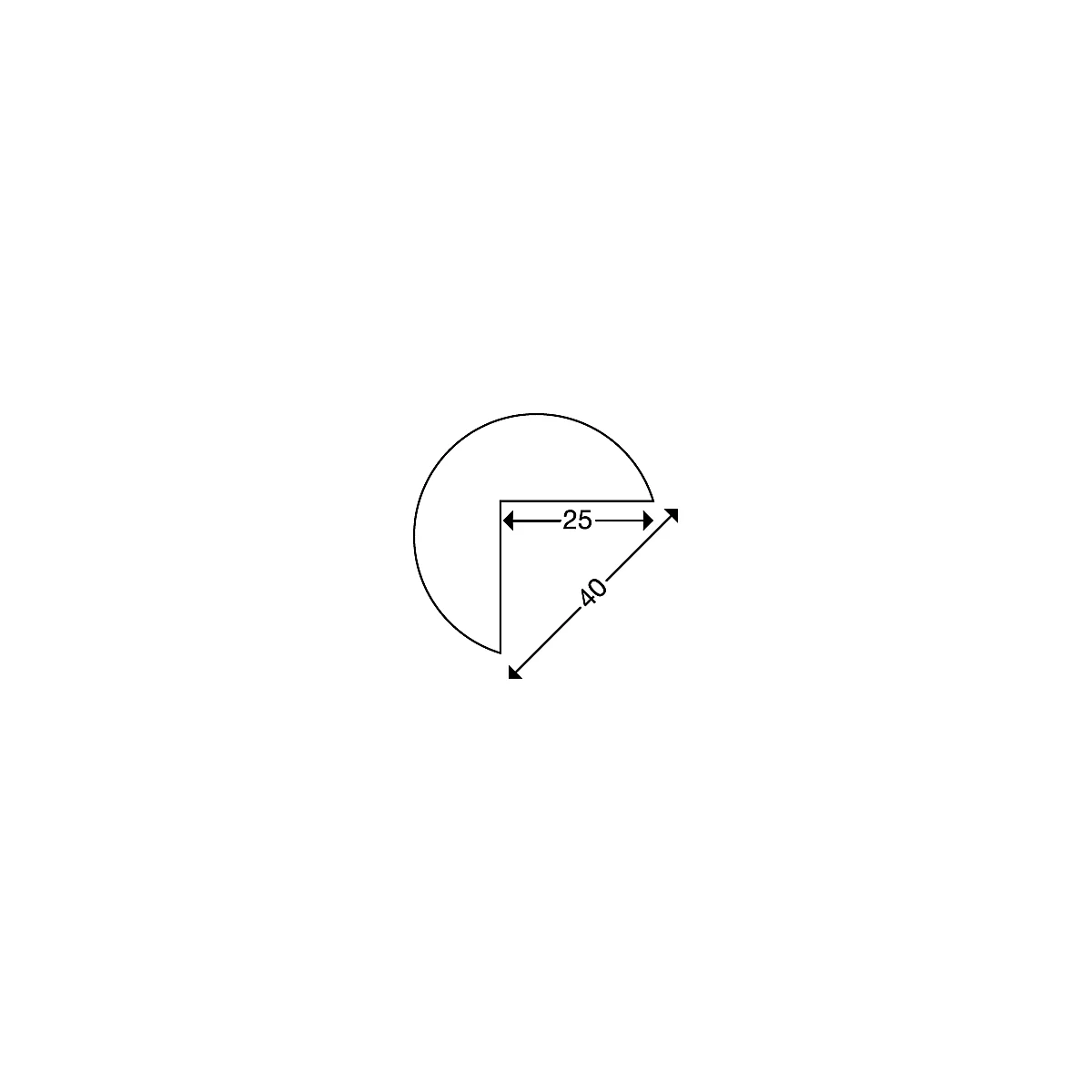 Black and white illustration of a circular segment with dimensions. The radius of the circle is indicated as 40, the shorter side as 25.