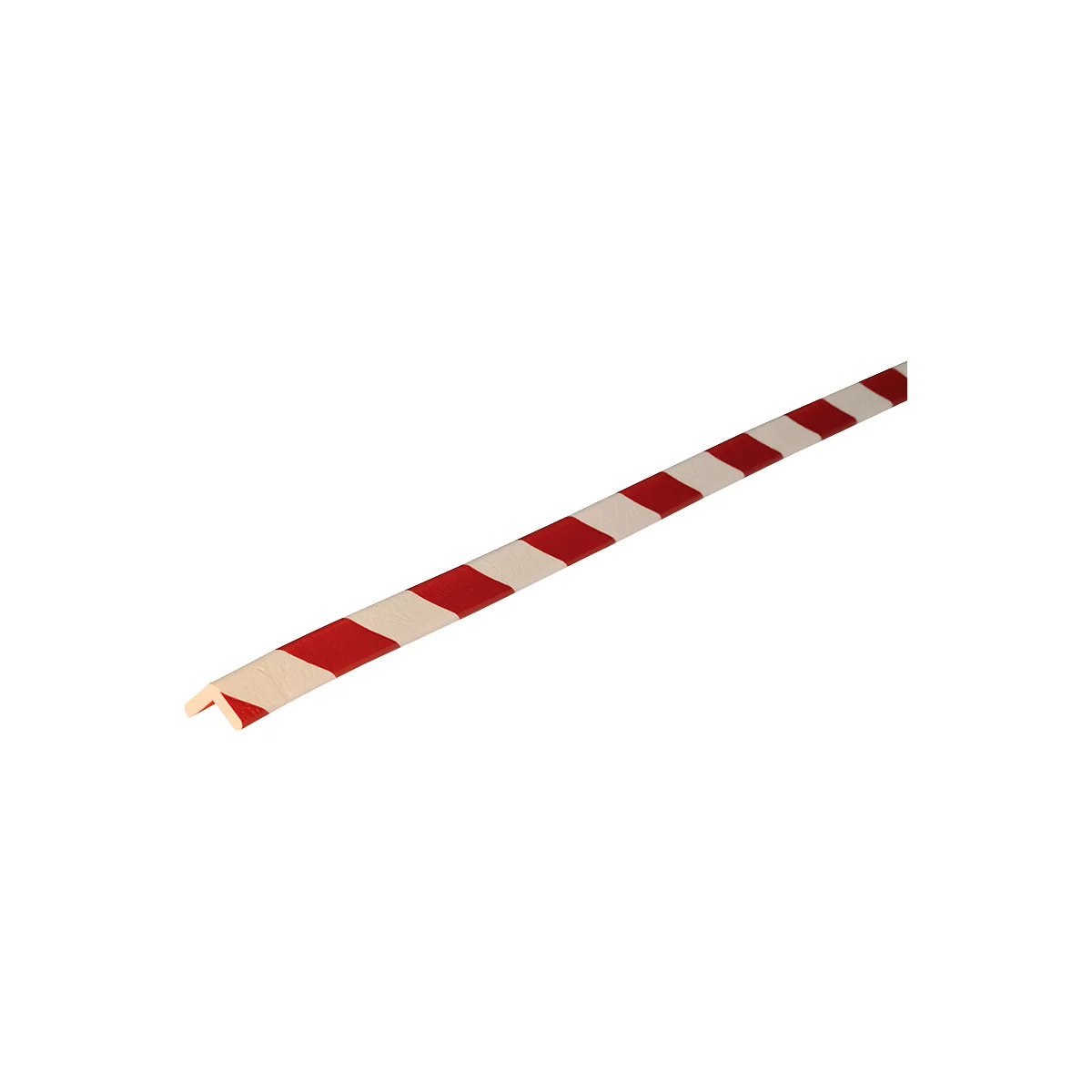 A red and white striped corner protection profile, diagonally in front of a white background.