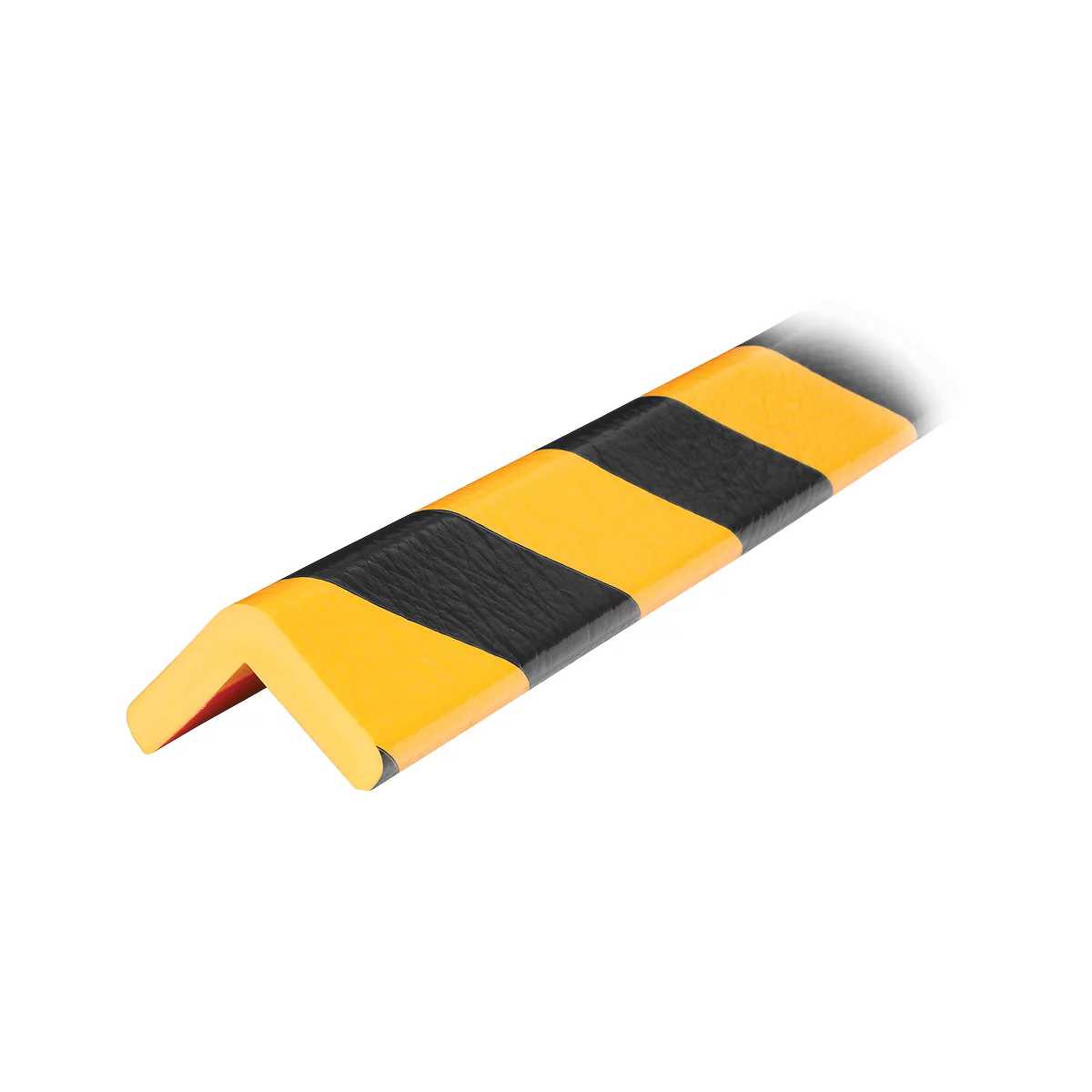 A yellow and black corner protector in L-shape floating in front of a white surface.