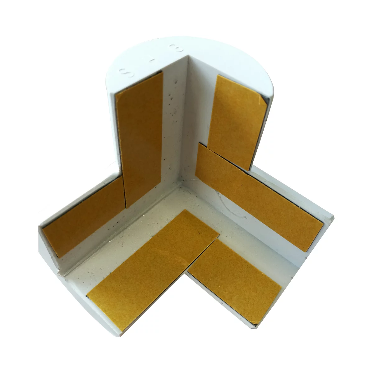 White corner protector with adhesive strips. The corner edges are flattened and provided with adhesive surfaces.