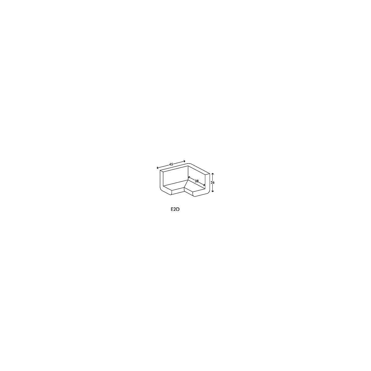 Isometric view of a corner element with dimensions: 45x38x26 cm. The code E2D is at the bottom in capital letters.