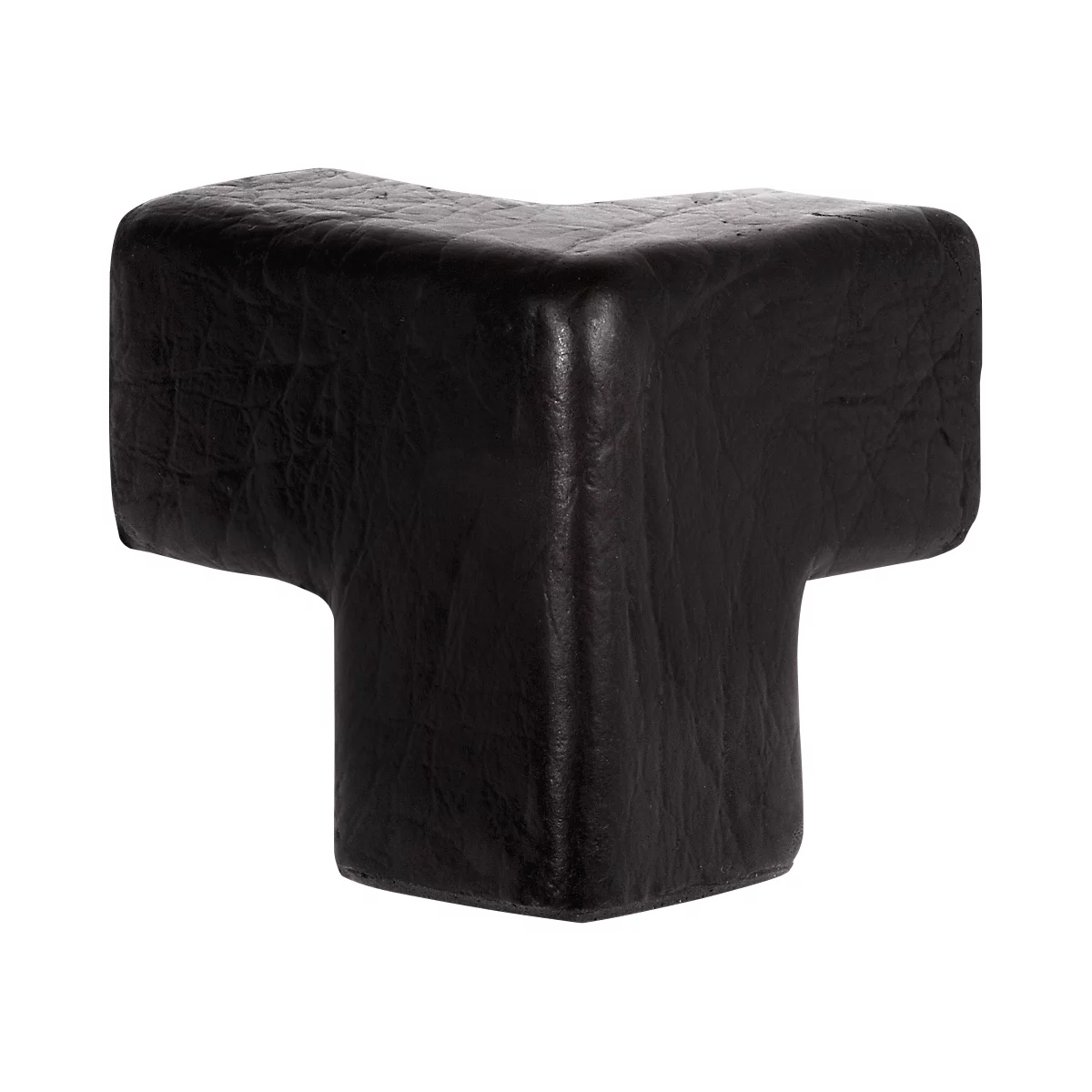 Black leather corner protector, shaped at a 90 degree angle.