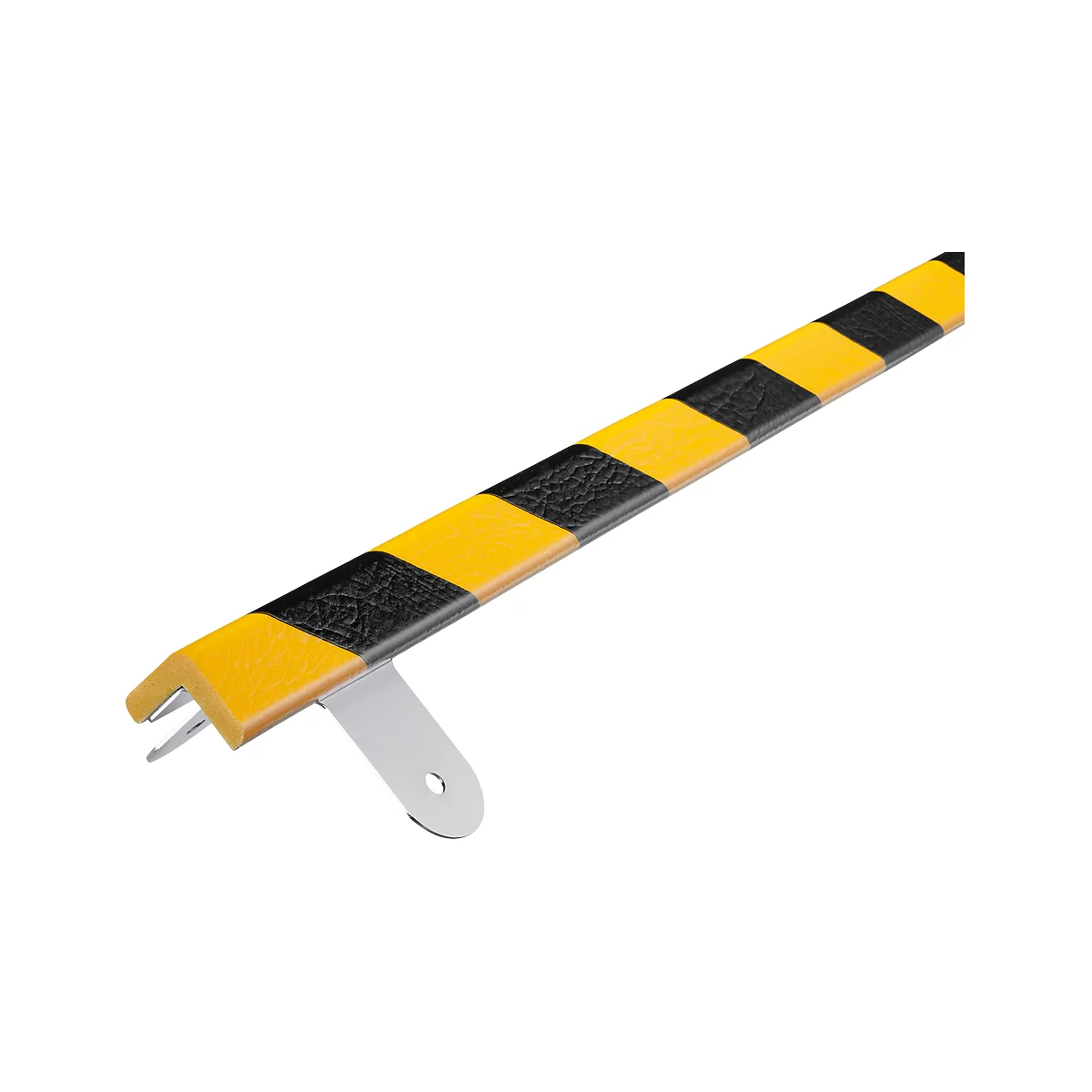Yellow and black corner protection with metal bracket. The product is designed to be mounted on walls or edges.