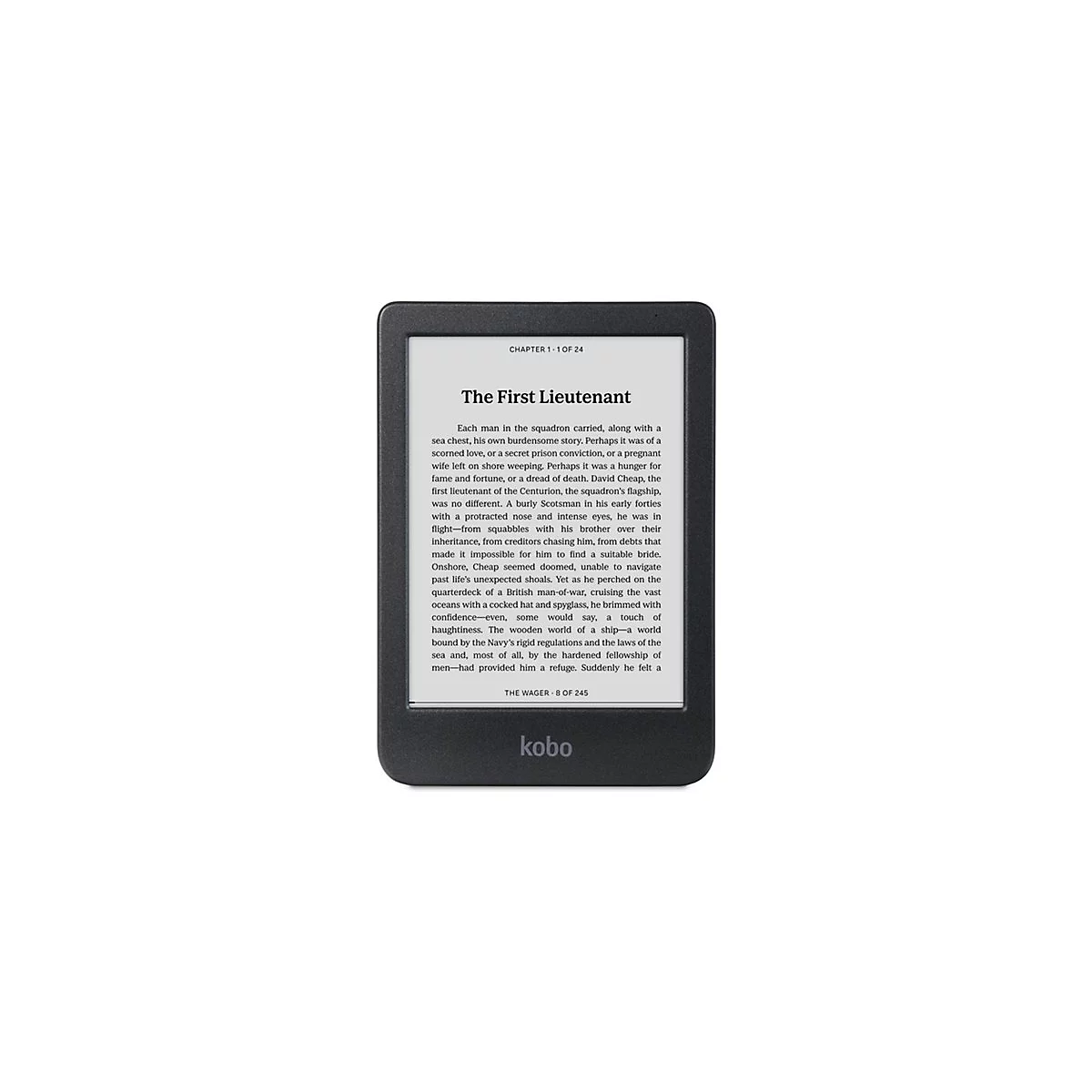 Schwarzer Kobo E-Reader zeigt eine Textseite aus dem Buch 'The First Lieutenant' auf dem Display.