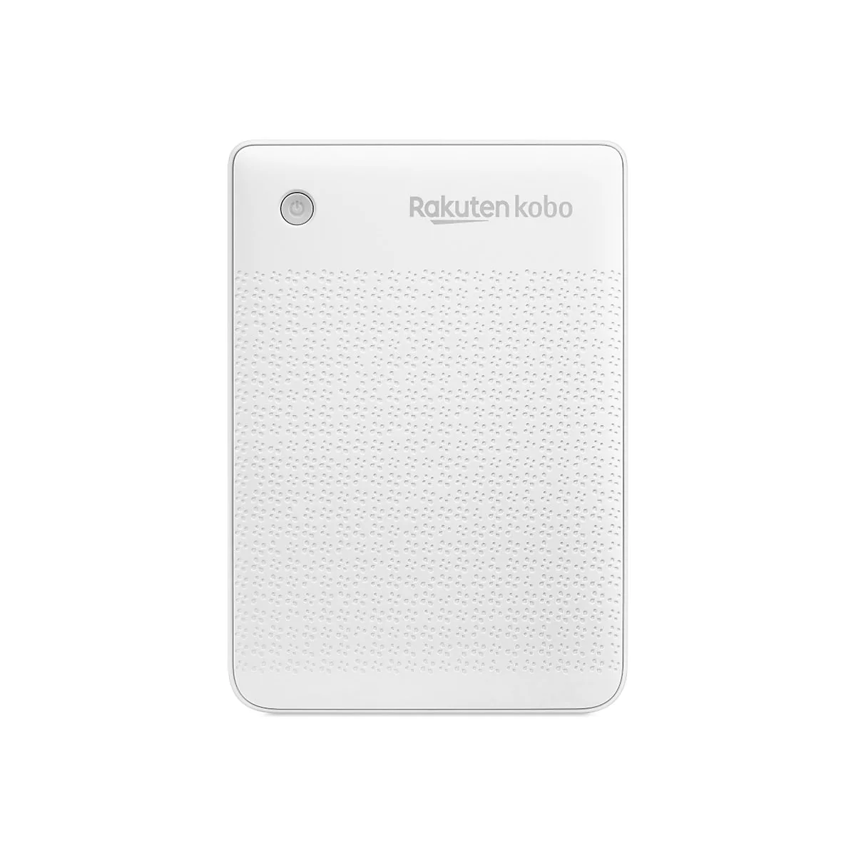 Weißer Kobo E-Reader mit texturierter Rückseite, Ein-Aus-Taste oben links und Rakuten Kobo Logo.