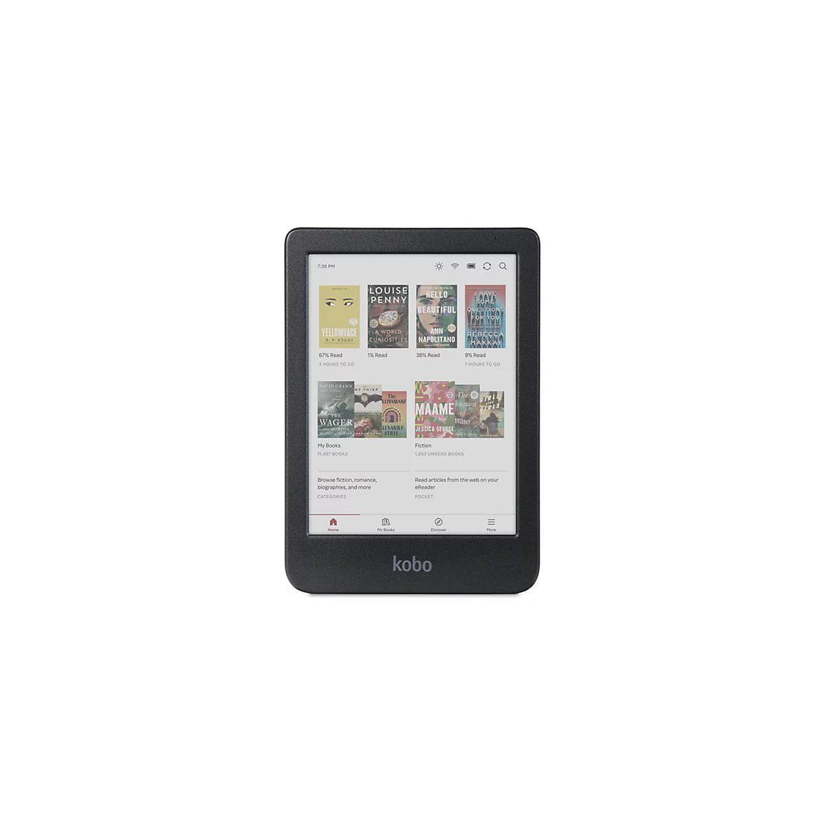 Schwarzer Kobo E-Reader mit beleuchtetem Touchscreen-Display zeigt eine Buchbibliothek-Übersicht.