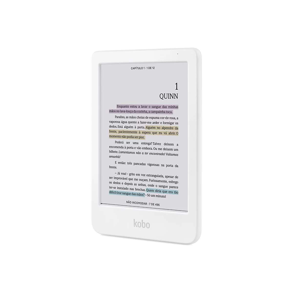 Ein weißer Kobo E-Reader zeigt eine Textseite mit farblich markierten Abschnitten auf weißem Hintergrund.