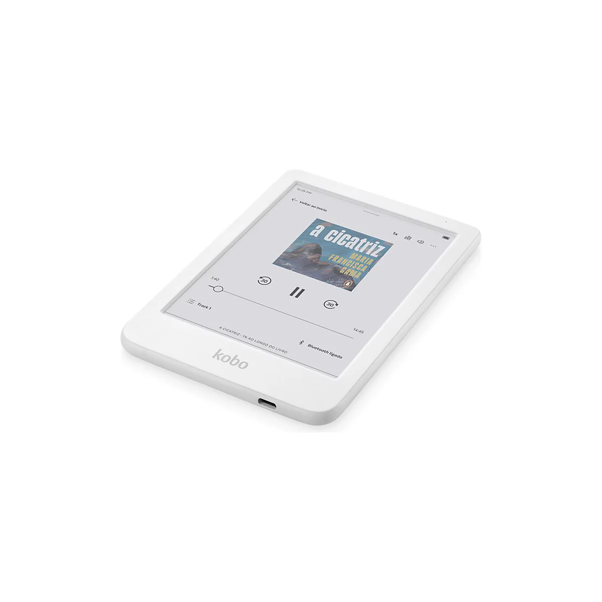 Ein weißer Kobo E-Reader vor weißem Hintergrund zeigt eine Audiobook-Steuerung auf dem Display.