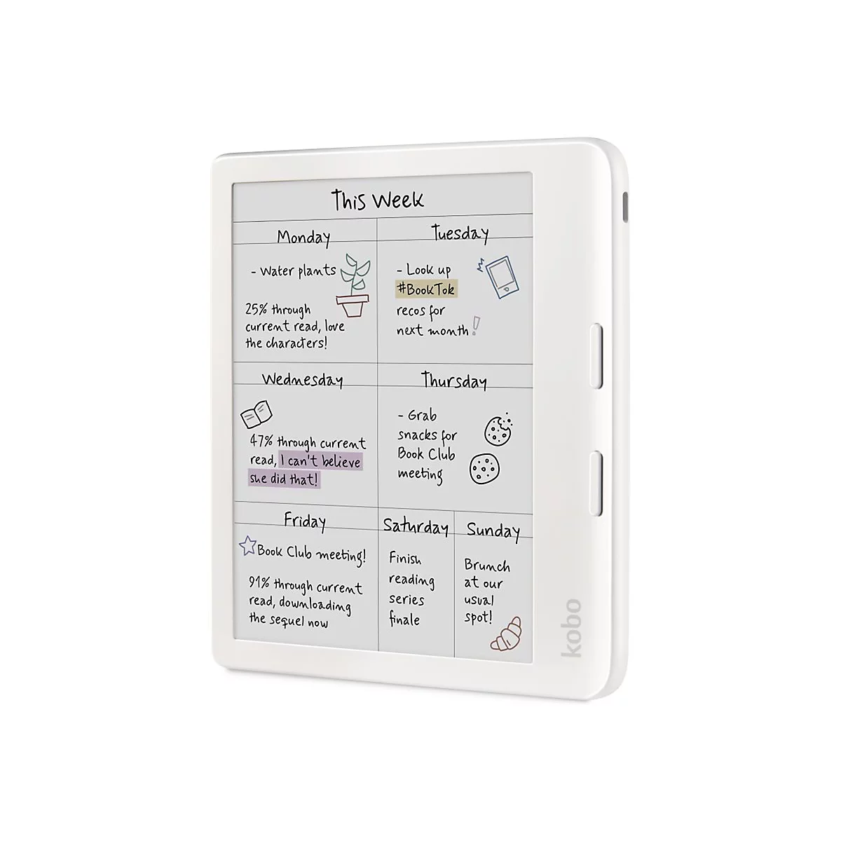 Weißer Kobo E-Reader zeigt einen handschriftlich ausgefüllten Wochenplaner auf dem Bildschirm.