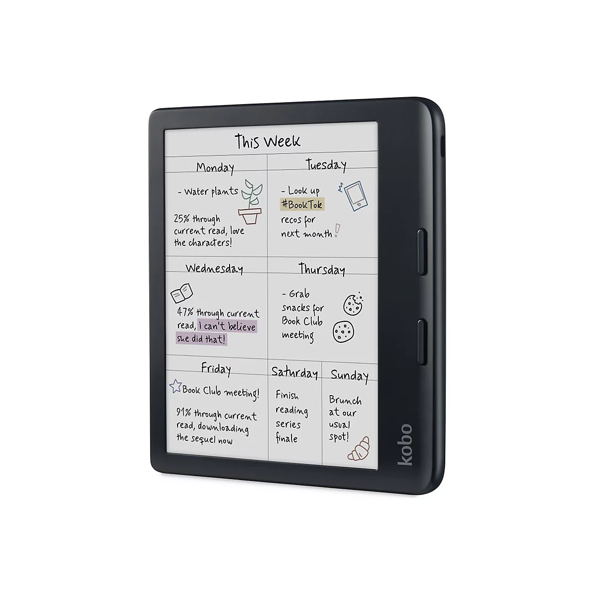 Schwarzer Kobo E-Reader zeigt einen handschriftlichen Wochenplaner auf dem Bildschirm.