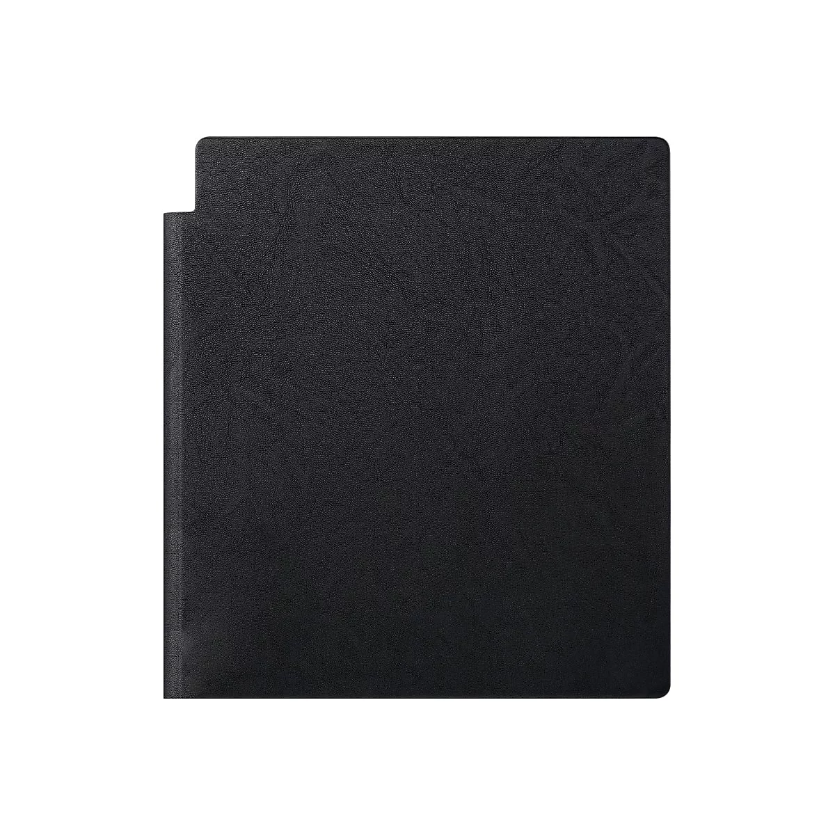 Porte-documents en cuir noir, avec une surface texturée. Le design a un renfoncement sur le côté gauche.