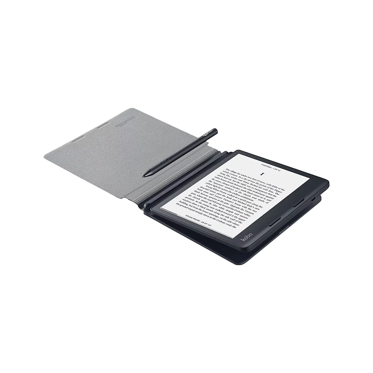 Ein Kobo E-Reader mit offenem Cover und Stift auf weißem Hintergrund. Der Bildschirm zeigt Text, der von einem Screenreader vorgelesen werden kann.