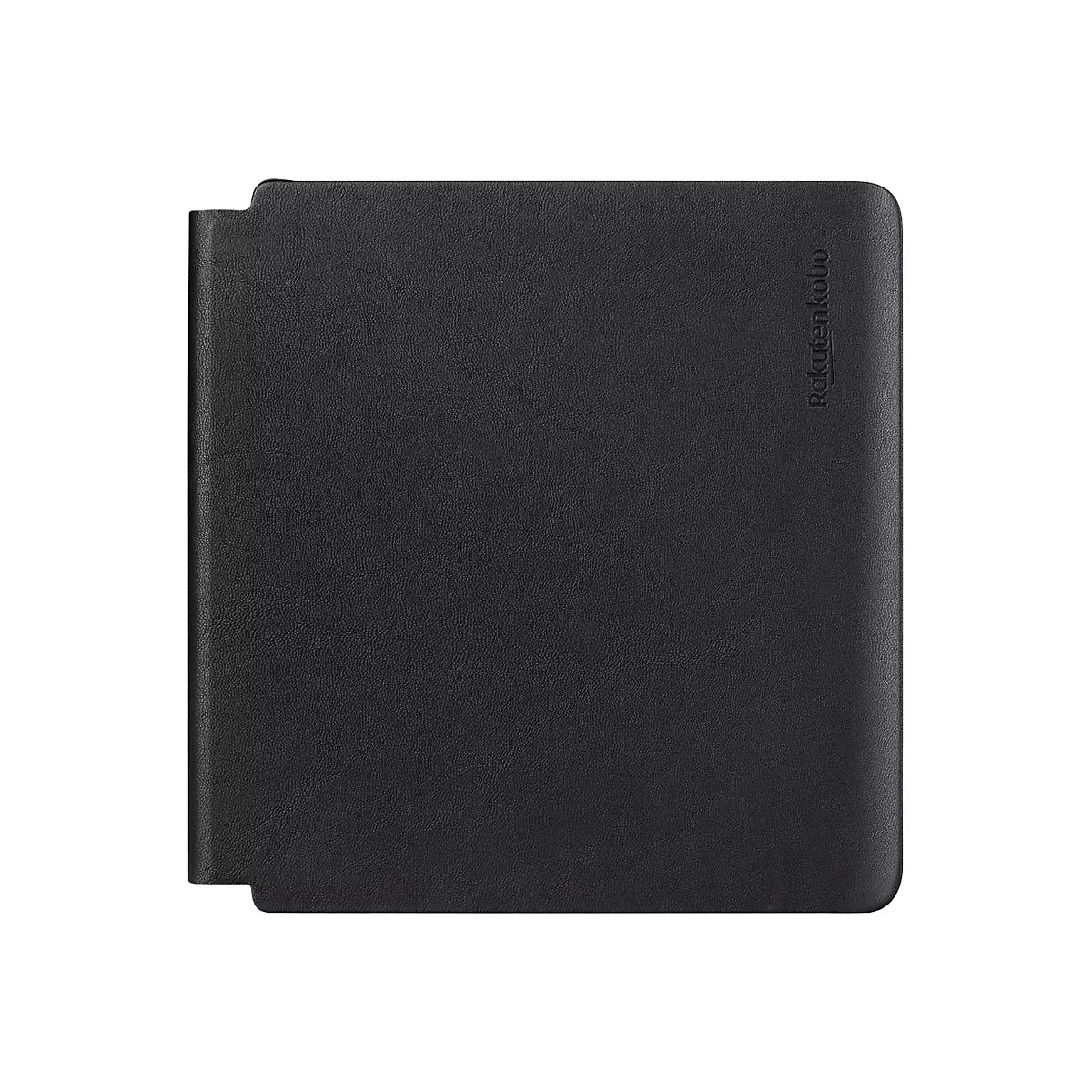 Schwarzes Kobo-E-Reader-Cover mit eingeprägtem Markennamen. Geöffnete linke Seite, lederartige Oberfläche.