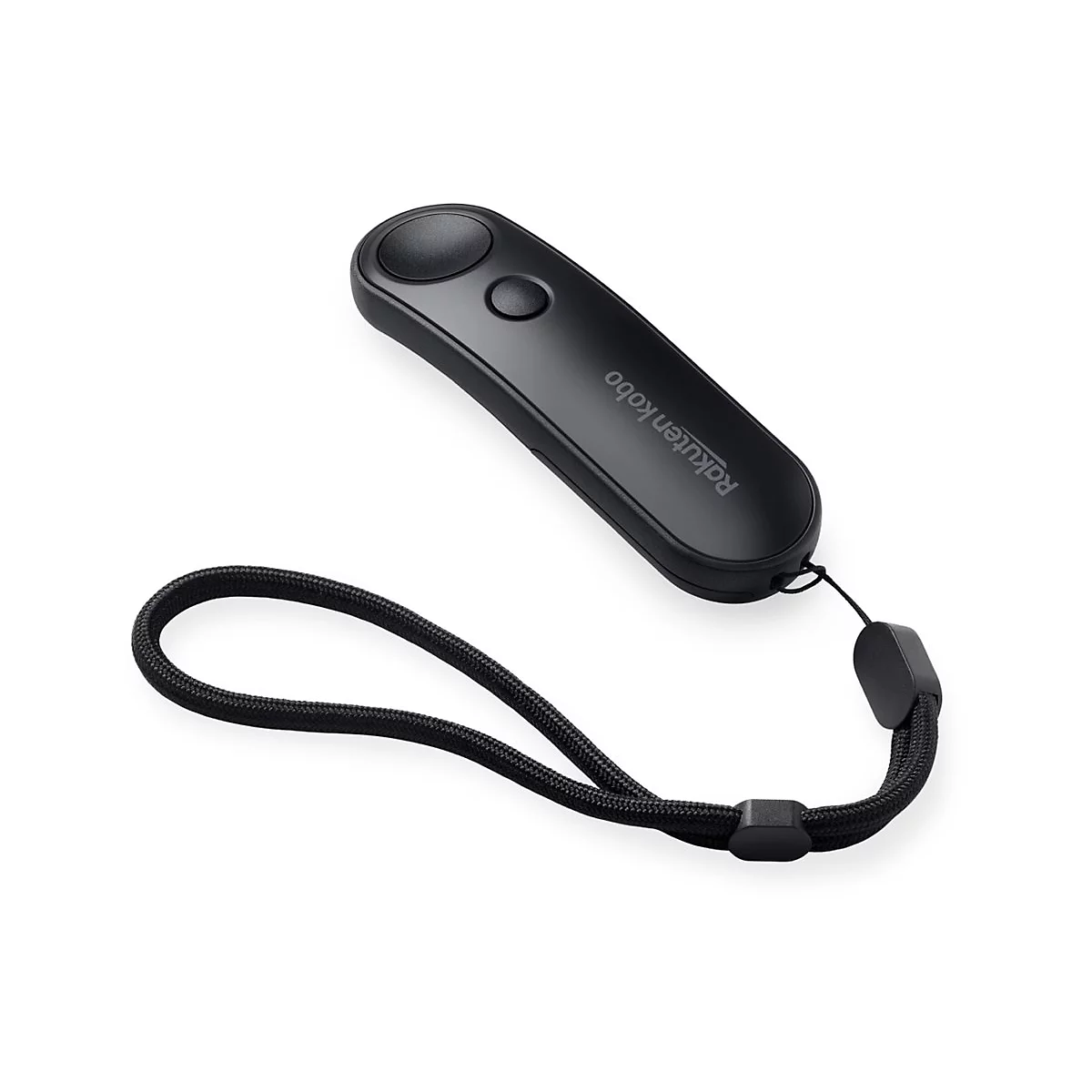 Appareil noir avec deux boutons, texte : Rakuten Kobo, avec une dragonne noire. Sur fond blanc.