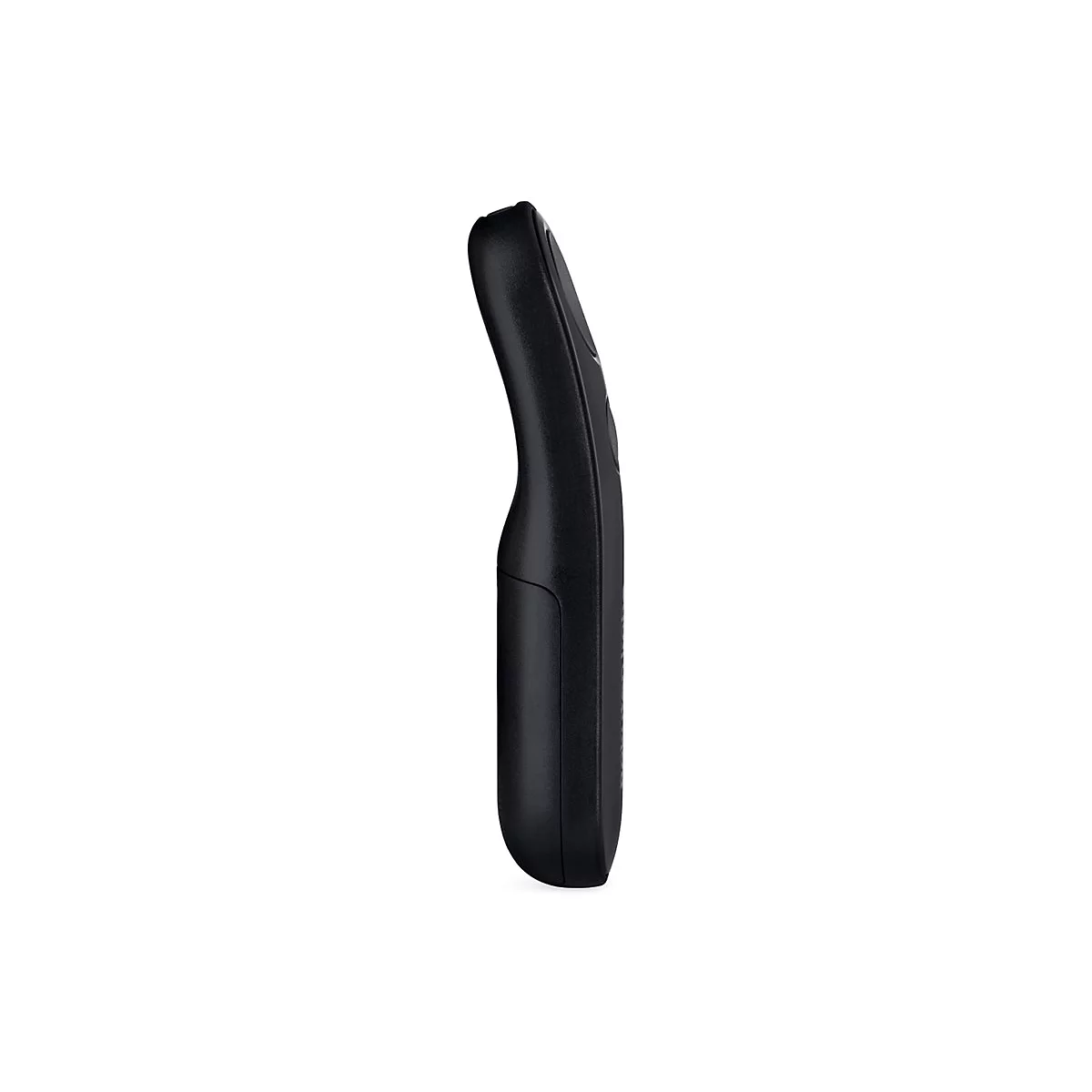 Téléphone sans fil noir, vue latérale, sur fond blanc. Le combiné a une forme incurvée.