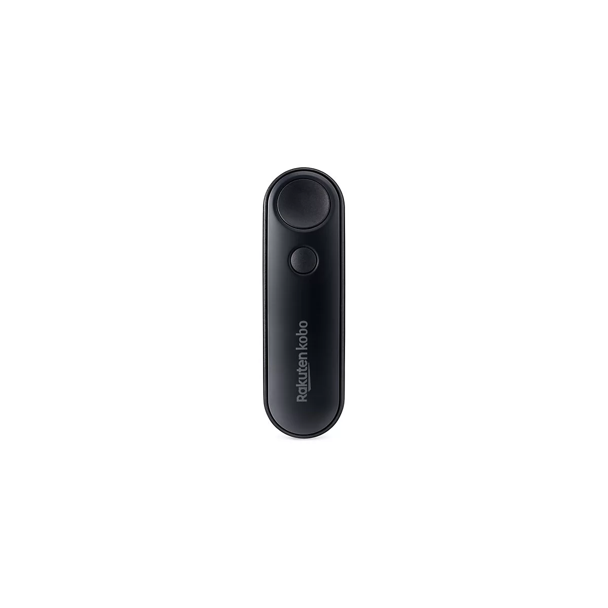 Un appareil noir et oblong avec deux boutons ; un grand en haut, un plus petit en bas. Imprimé : Rakuten kobo.